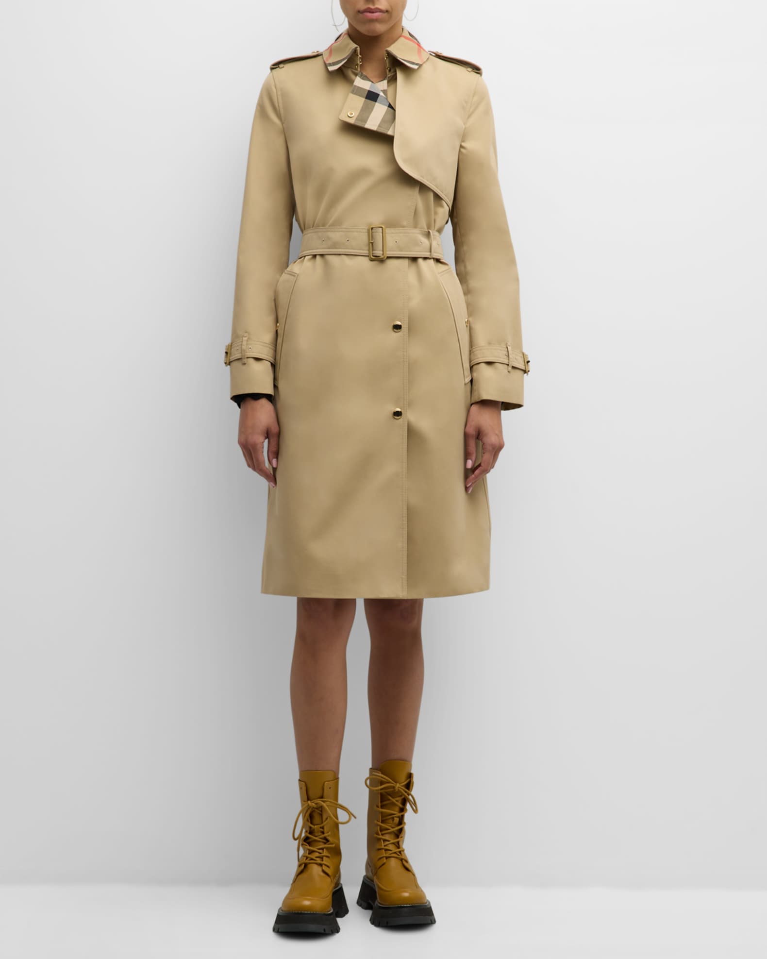 Burberry Sandridge Check Double Breasted Tench Coat Honey Women s 10 Coats Jackets Outerwear Wool Coats
