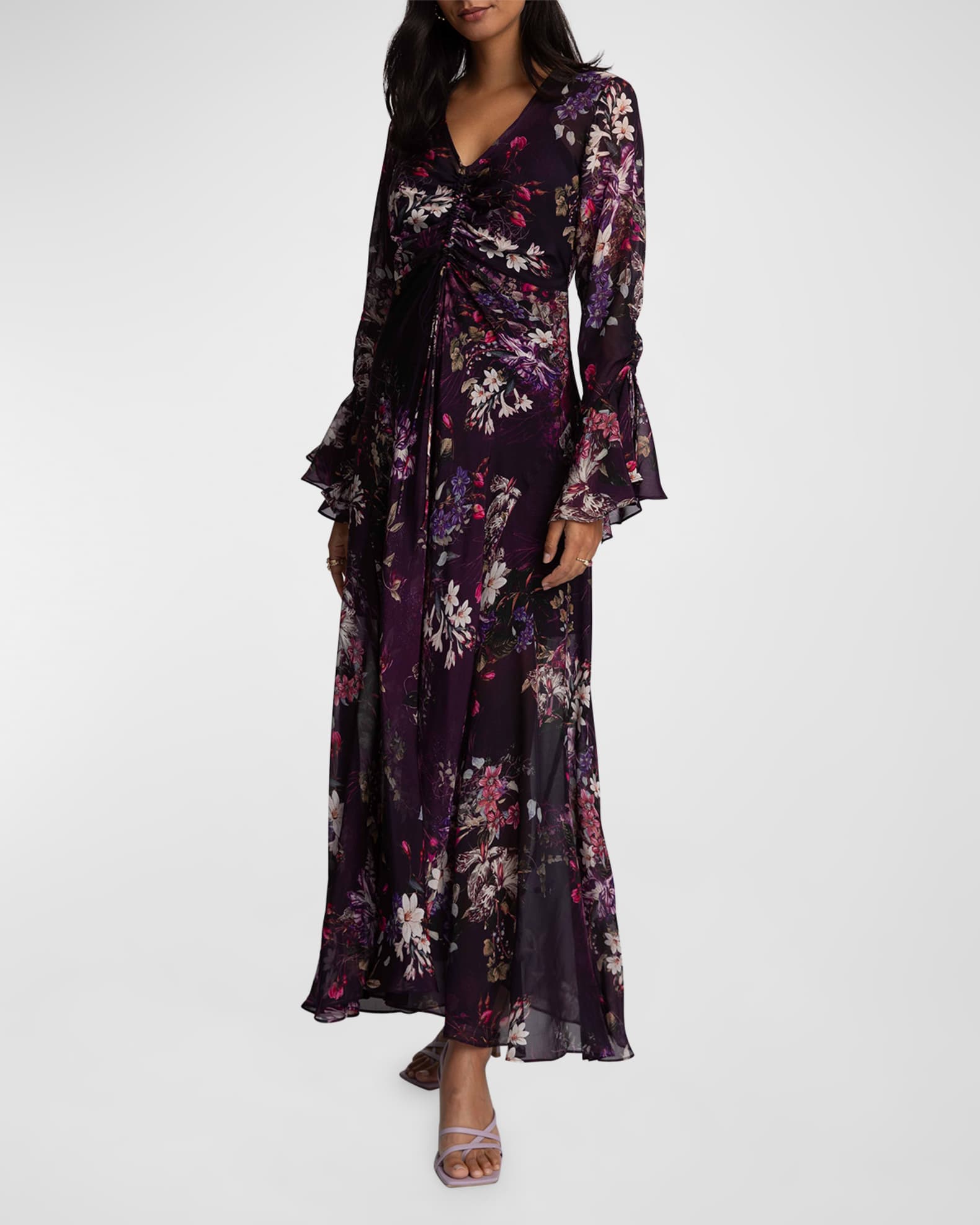 Robert Graham Diana Floral-Print Bell-Sleeve Maxi Dress | Neiman Marcus