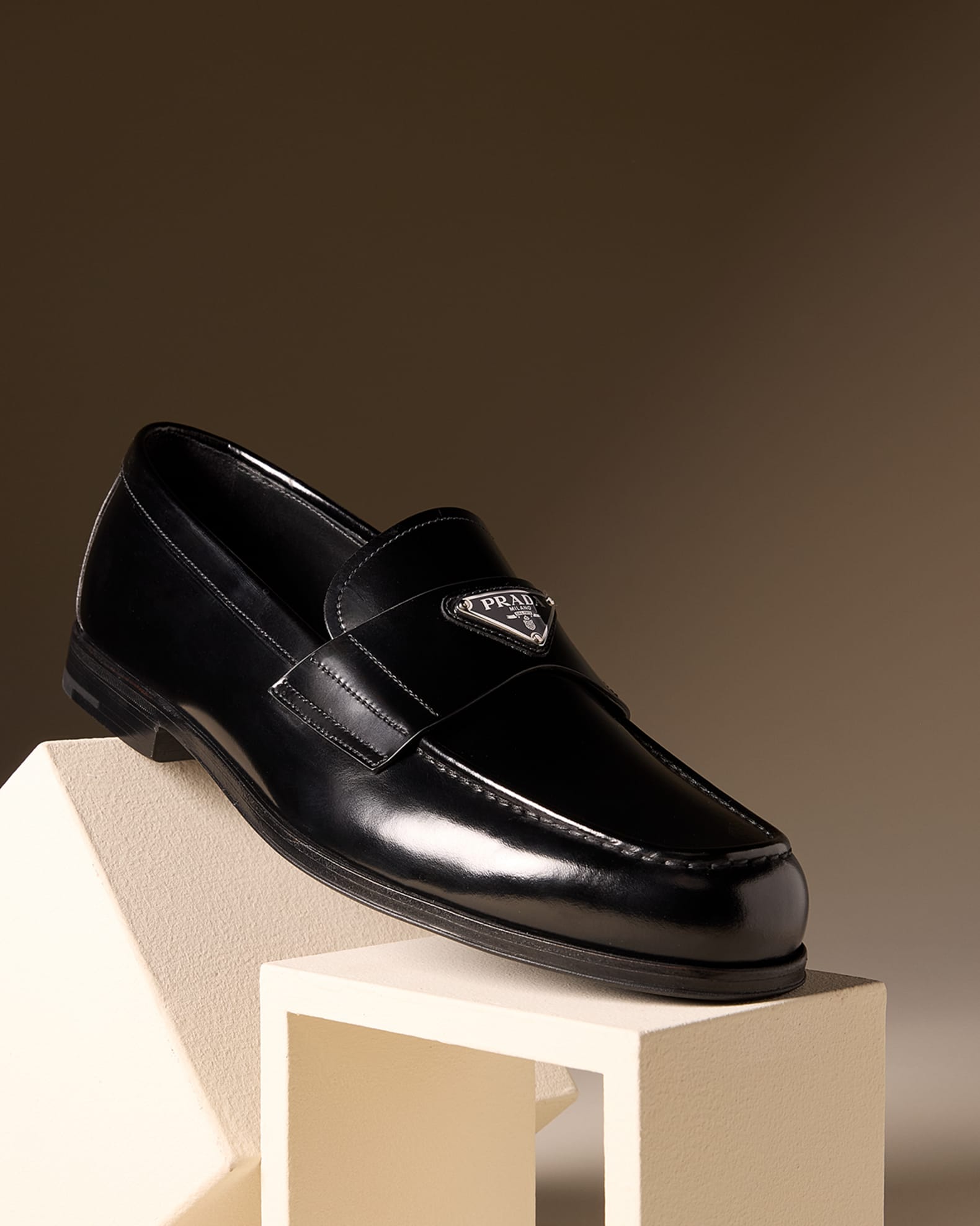 Prada Men's Enameled Logo Leather Penny Loafers | Neiman Marcus
