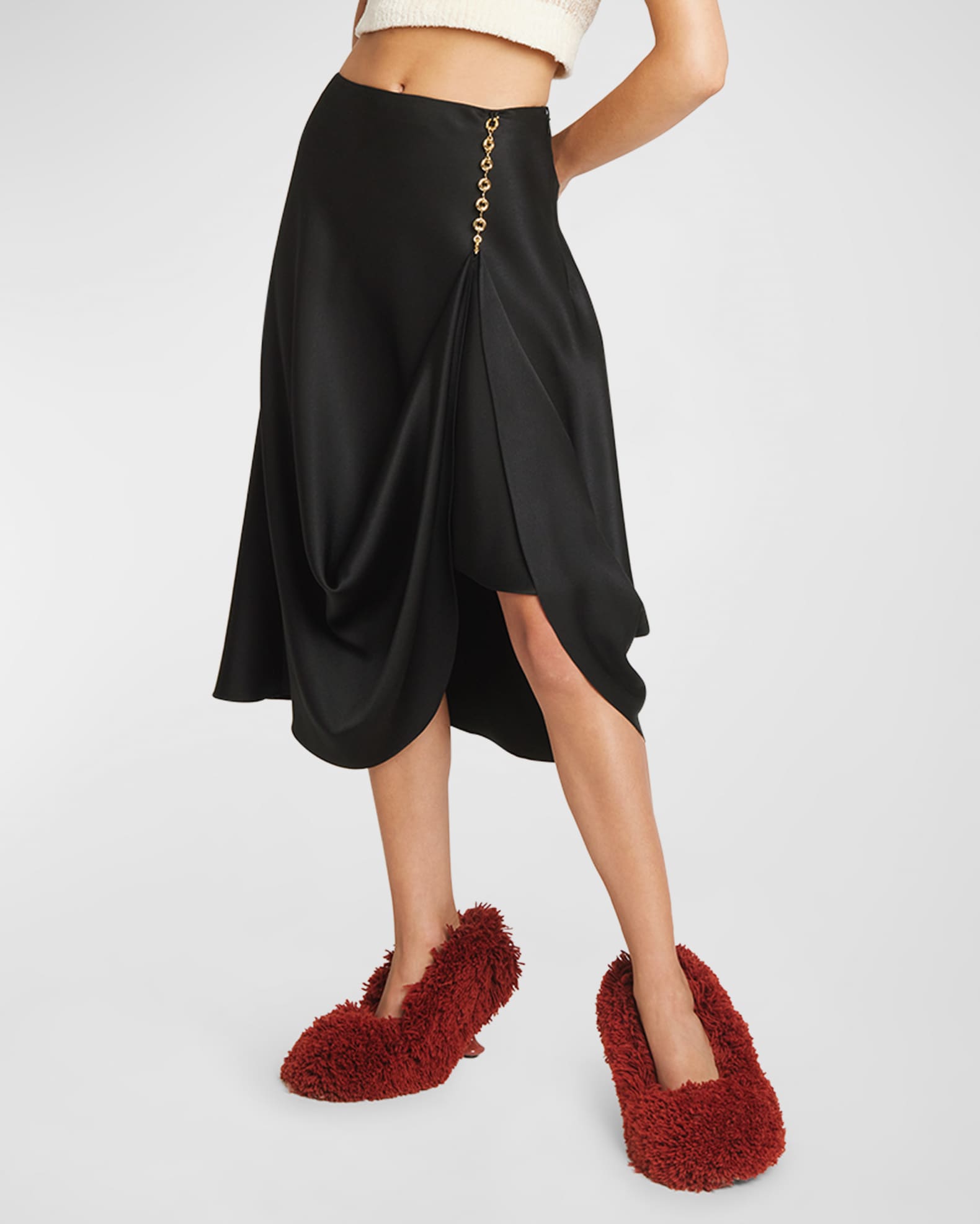 Loewe Chain Draped Midi Satin Skirt | Neiman Marcus