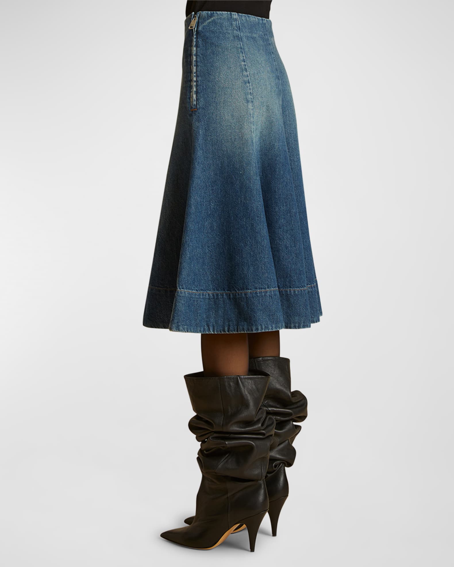 Khaite Lennox Paneled Denim Midi Skirt | Neiman Marcus