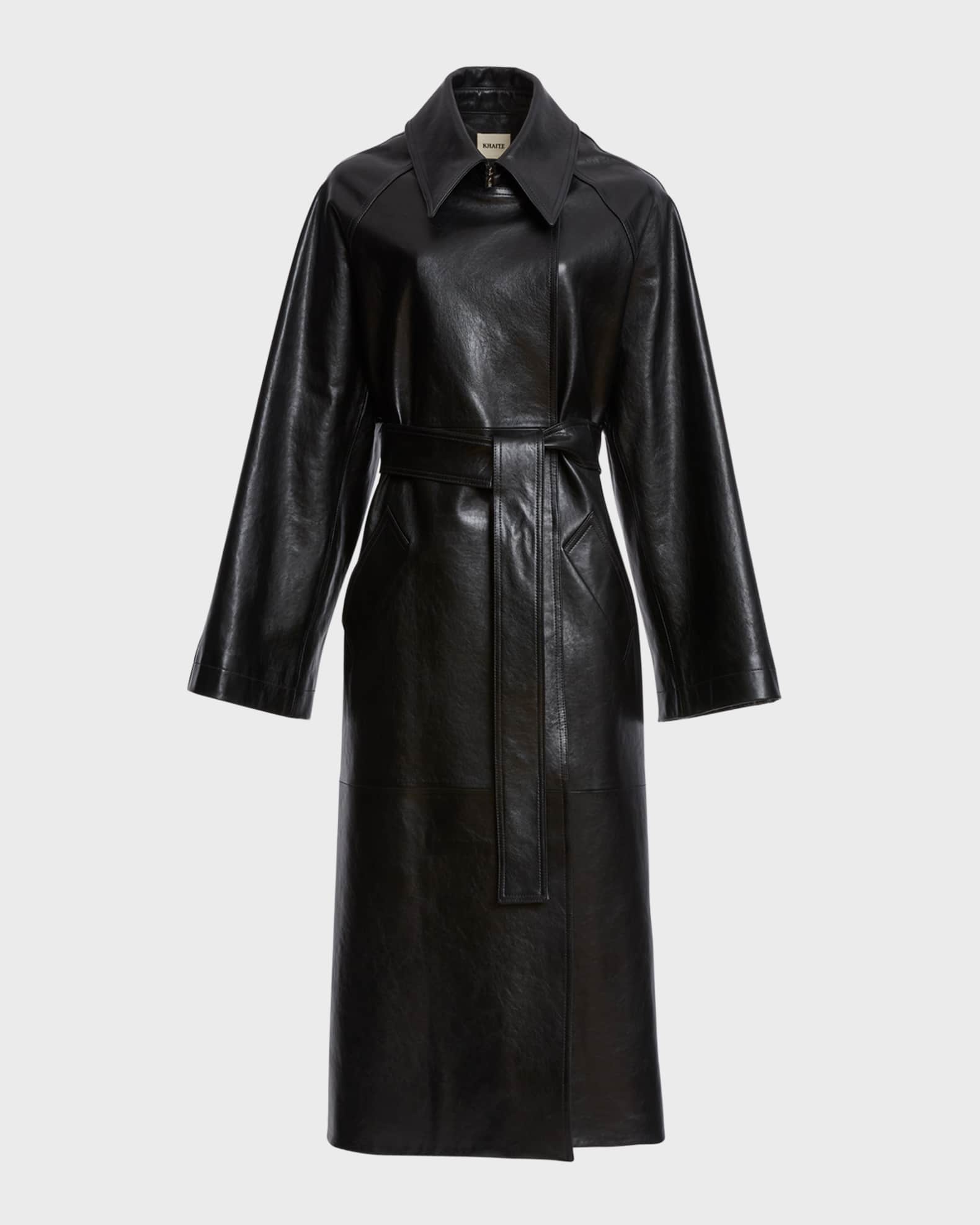 Khaite Minnie Belted Leather Long Trench Coat | Neiman Marcus
