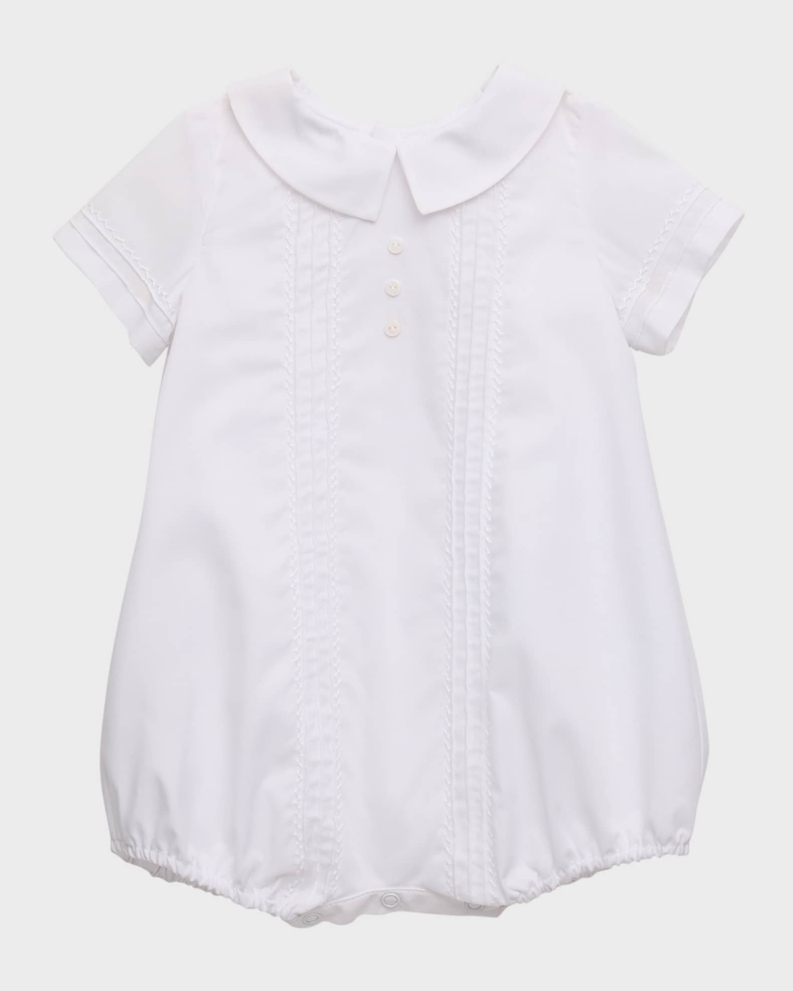 Luli & Me Baby Girls Timeless Treasures Bubble - White Pique with Blue Embroidery & Bows at Shoulders