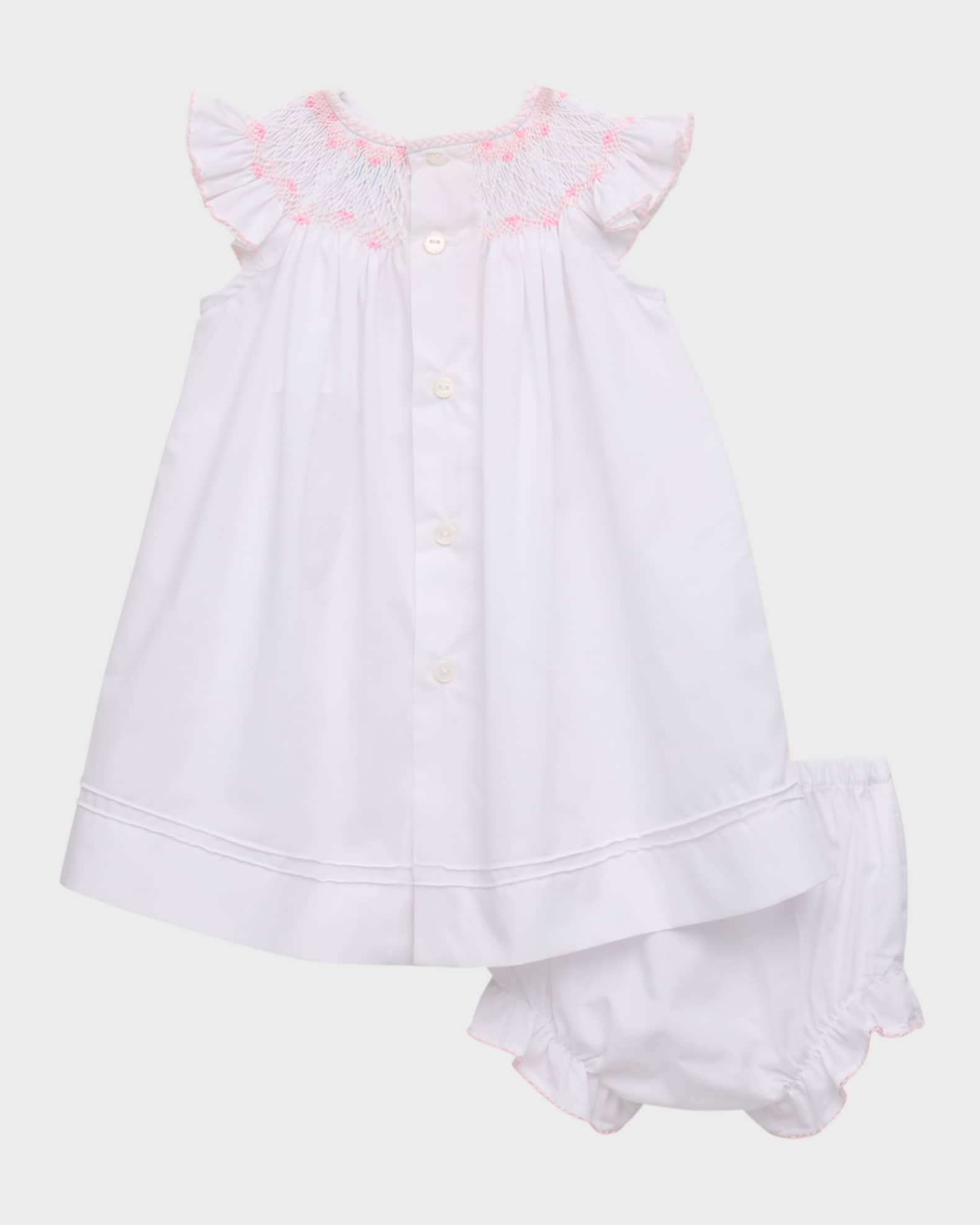 Luli & Me Baby Girls Dotted Swiss Smocked Bubble - White with Pink Trim main image 1