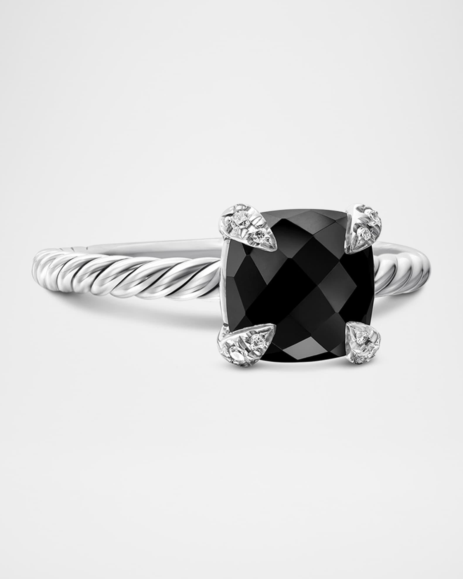 Chatelaine Ring with Black Onyx and Diamonds in Silver, 8mm, Size 10 0