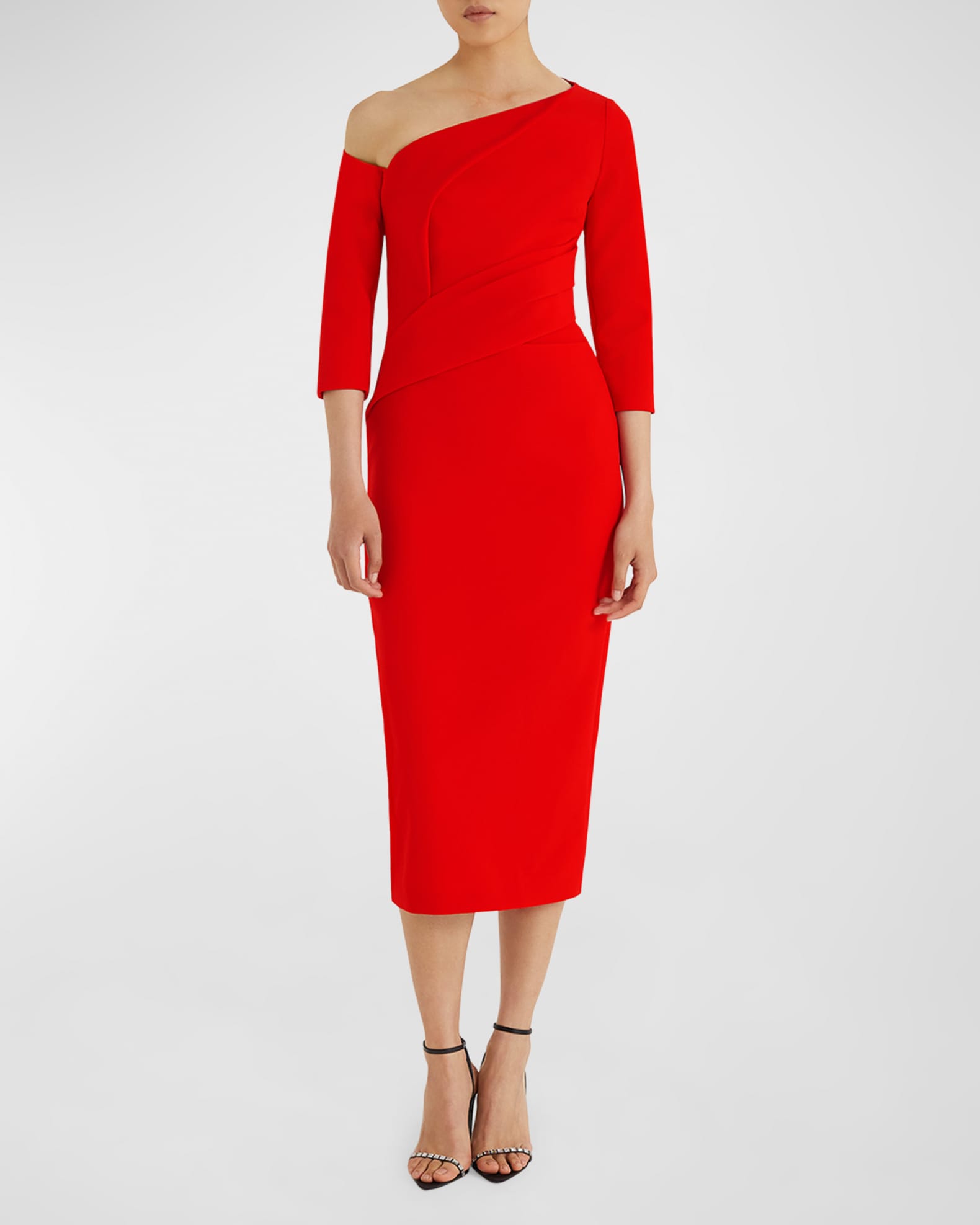 Safiyaa Duan Draped One Shoulder 3 4 Sleeve Midi Cocktail Dress Neiman Marcus