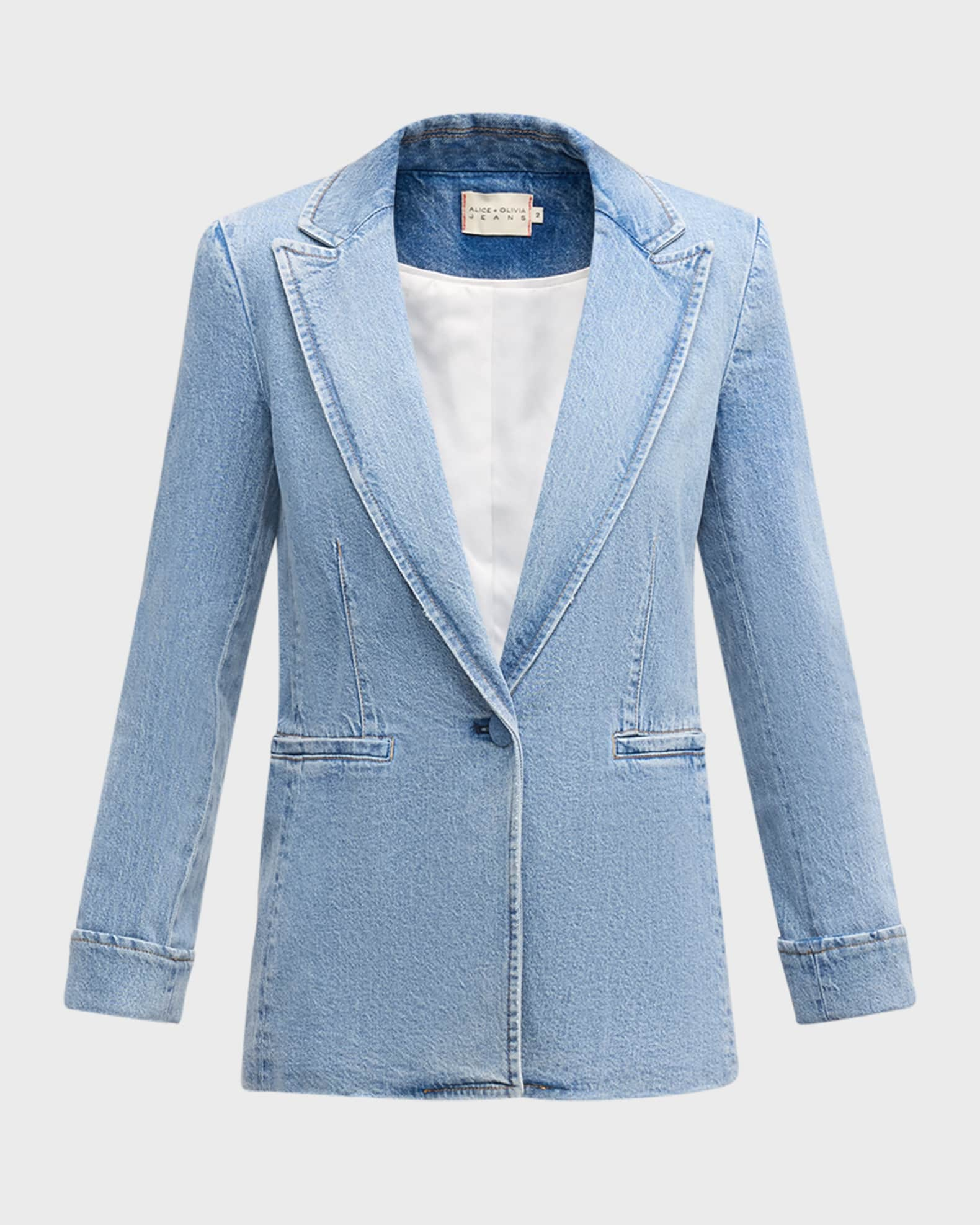 Alice + Olivia Justine Denim Roll-Cuff Longline Blazer