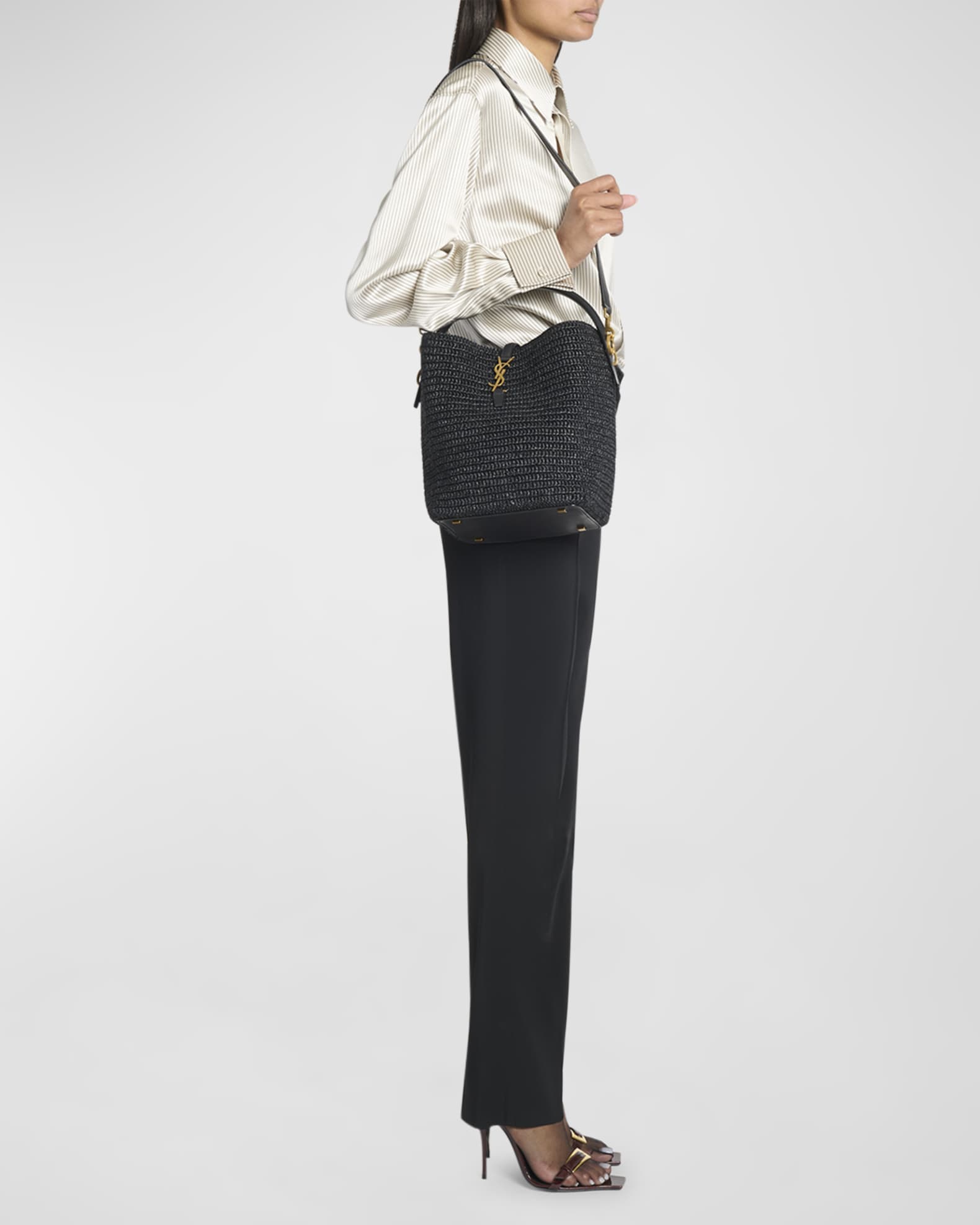 【関税&送料込】Saint Laurent Black Raffia Le 37 Bucket Bag Saint Laurent - Le37 Black Raffia Bucket Bag | Mitchell Stores