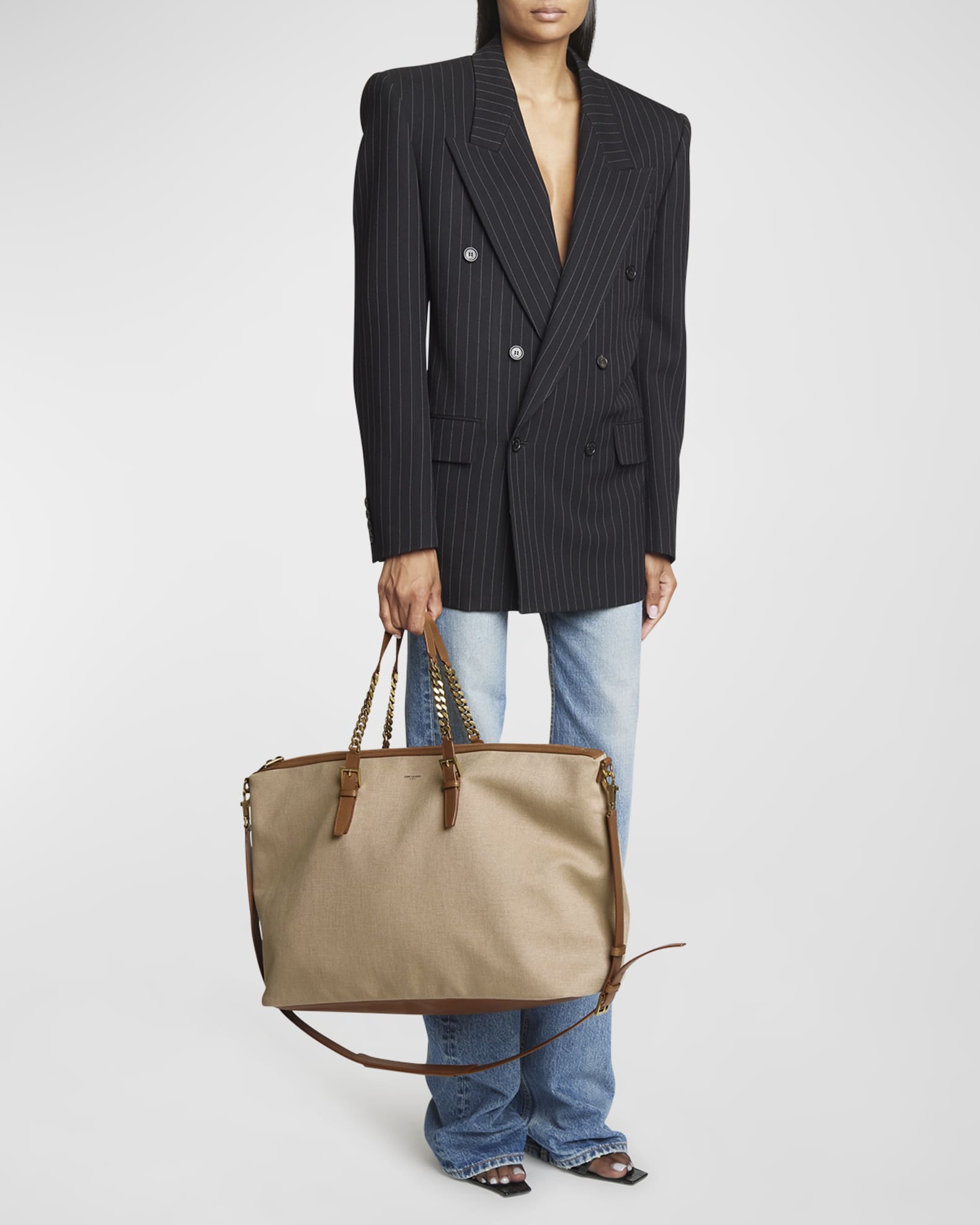 Saint Laurent YSL Zip Leather & Canvas Duffel Bag | Neiman Marcus
