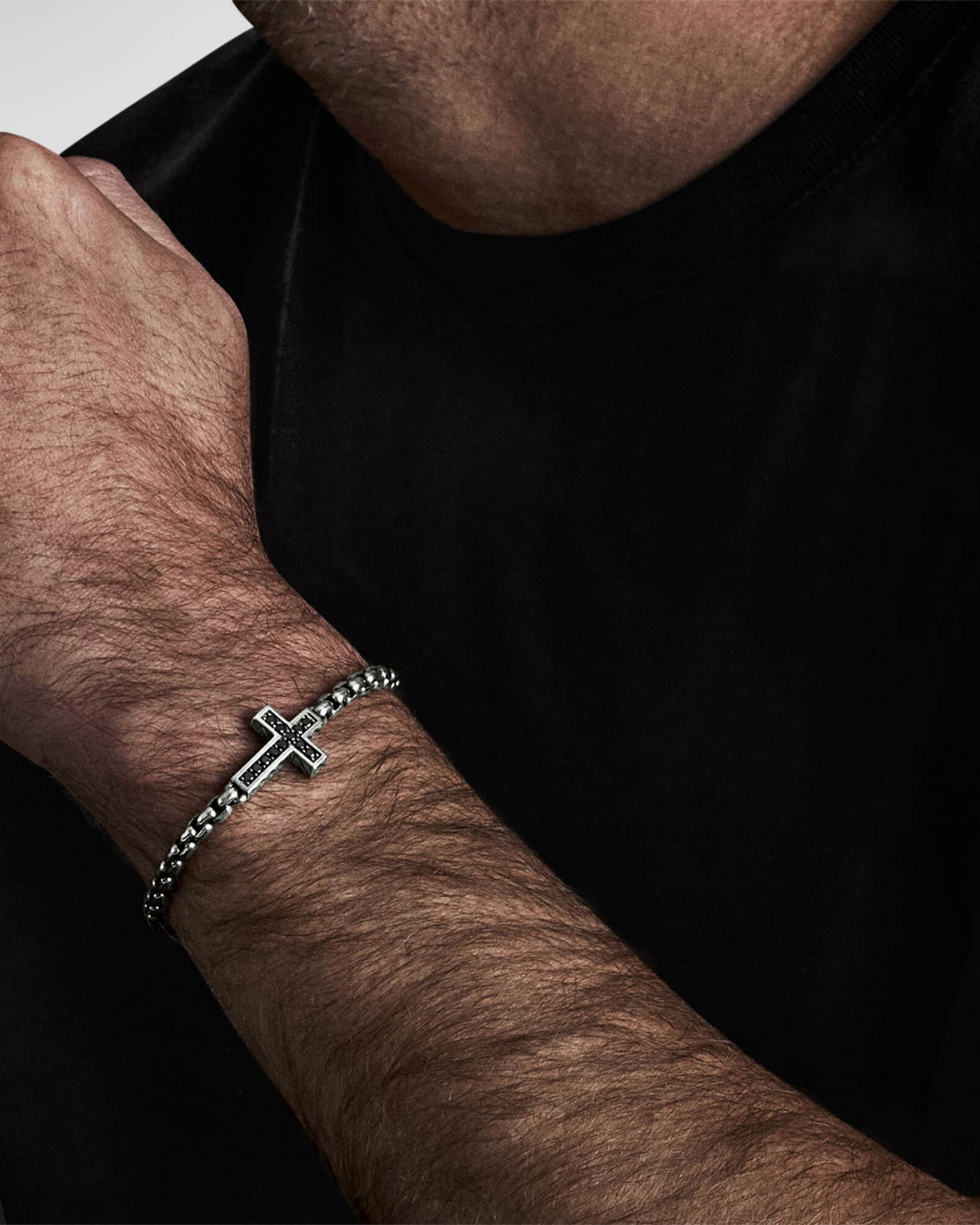 Men's Pave Cross Bracelet in Silver with Black Diamonds, 5mm, 5.5"L 1