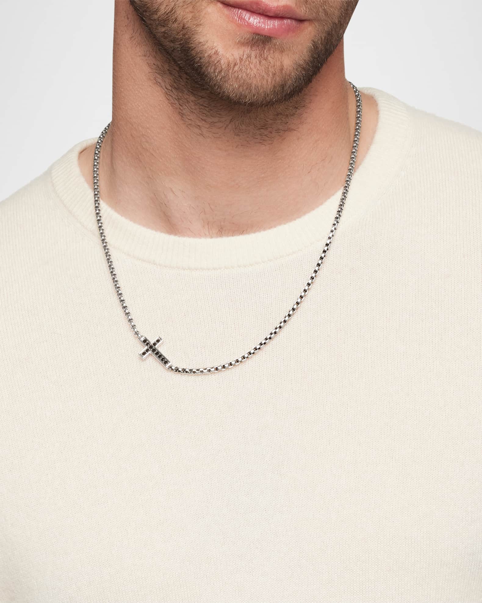 Men's Streamline Cross Station Necklace in Silver with Black Diamonds, 3.6mm, 20"L 1