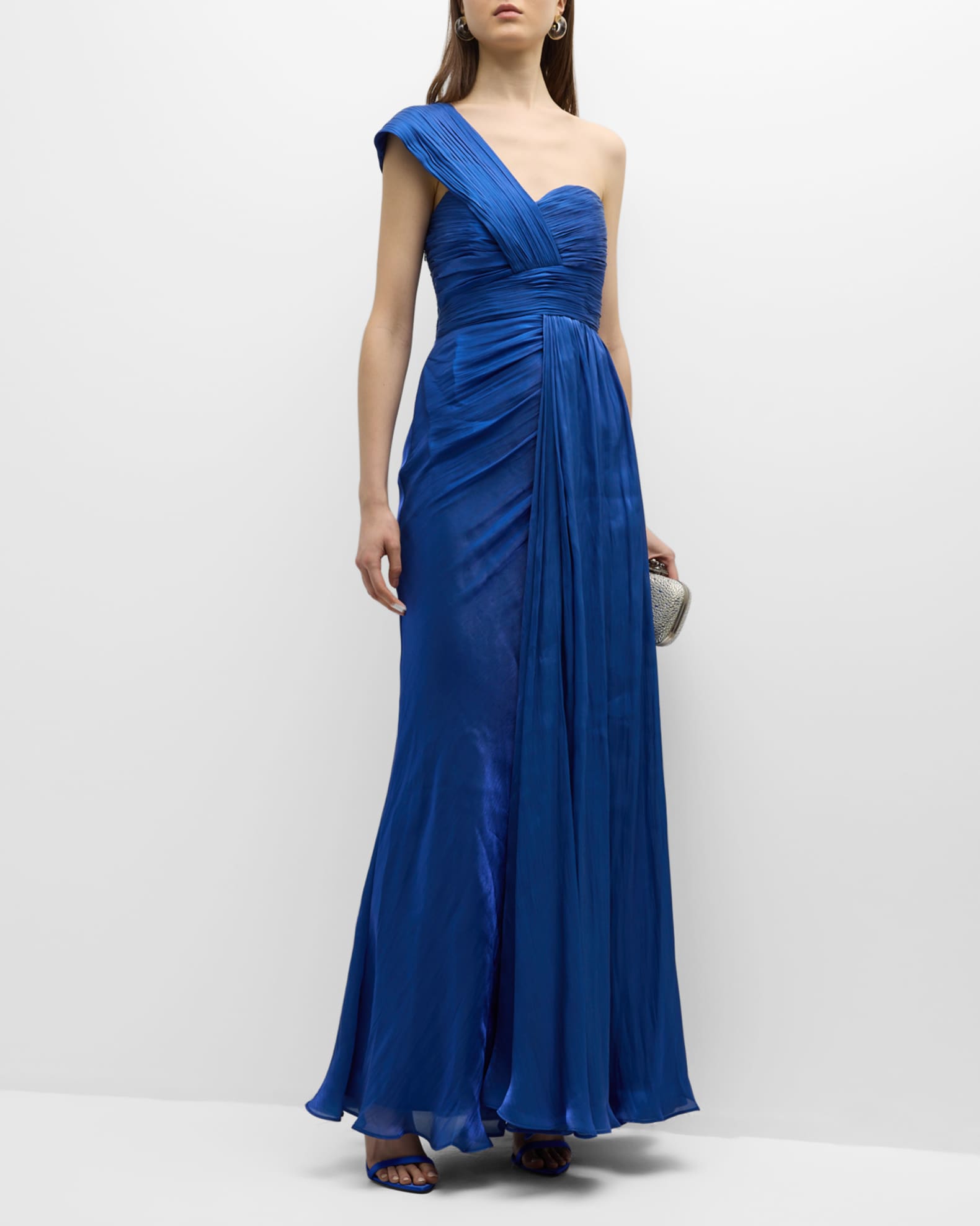 Badgley Mischka Collection Pleated One-Shoulder Draped Gown | Neiman Marcus