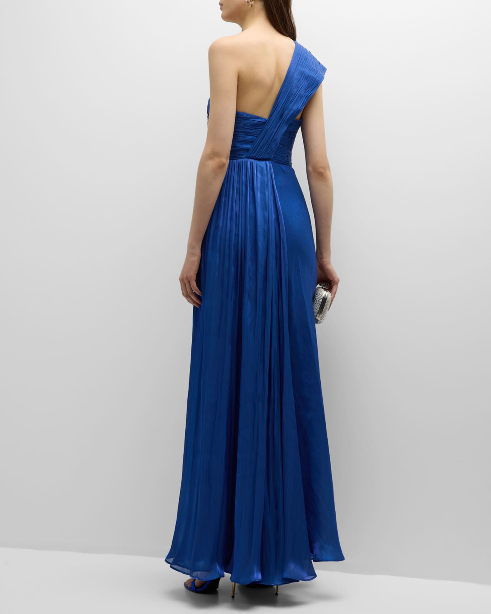 Badgley Mischka Collection Pleated One-Shoulder Draped Gown | Neiman Marcus