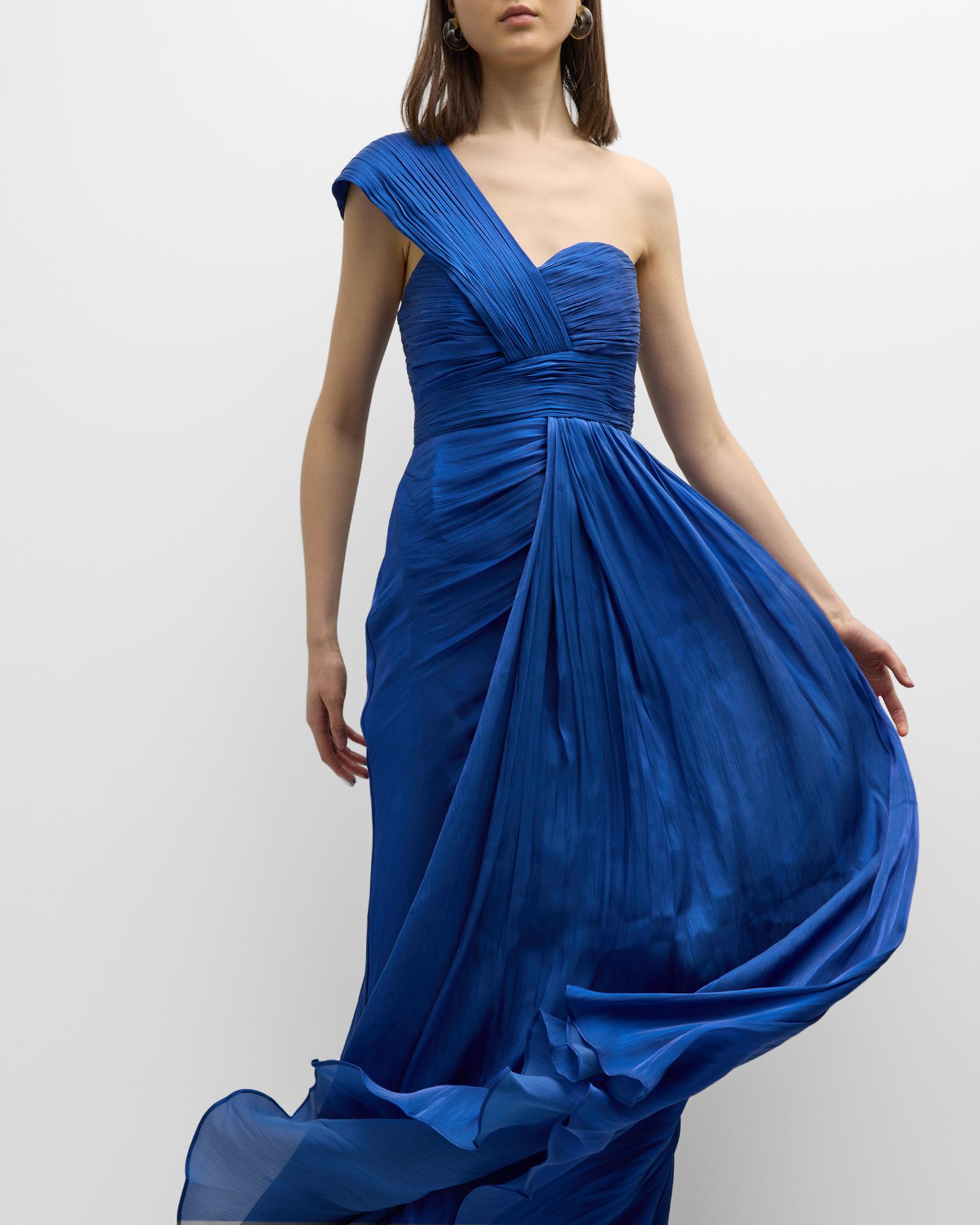 Badgley Mischka Collection Pleated One-Shoulder Draped Gown | Neiman Marcus