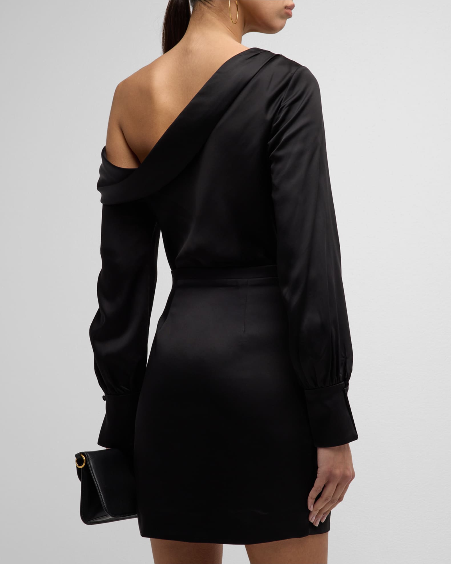 SIMKHAI Cameron One-Shoulder Wrap-Skirt Satin Mini Dress | Neiman Marcus