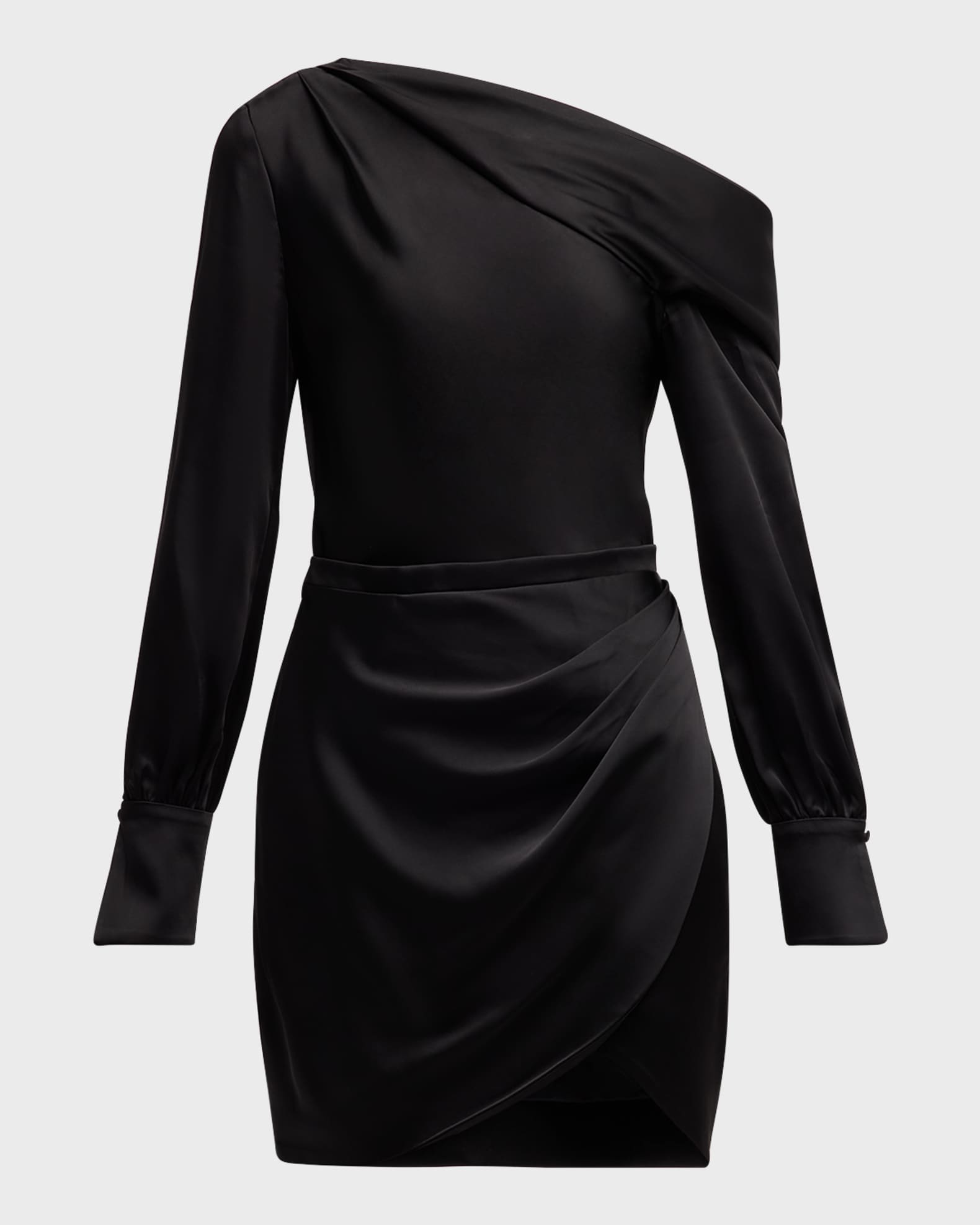 SIMKHAI Cameron One-Shoulder Wrap-Skirt Satin Mini Dress | Neiman Marcus
