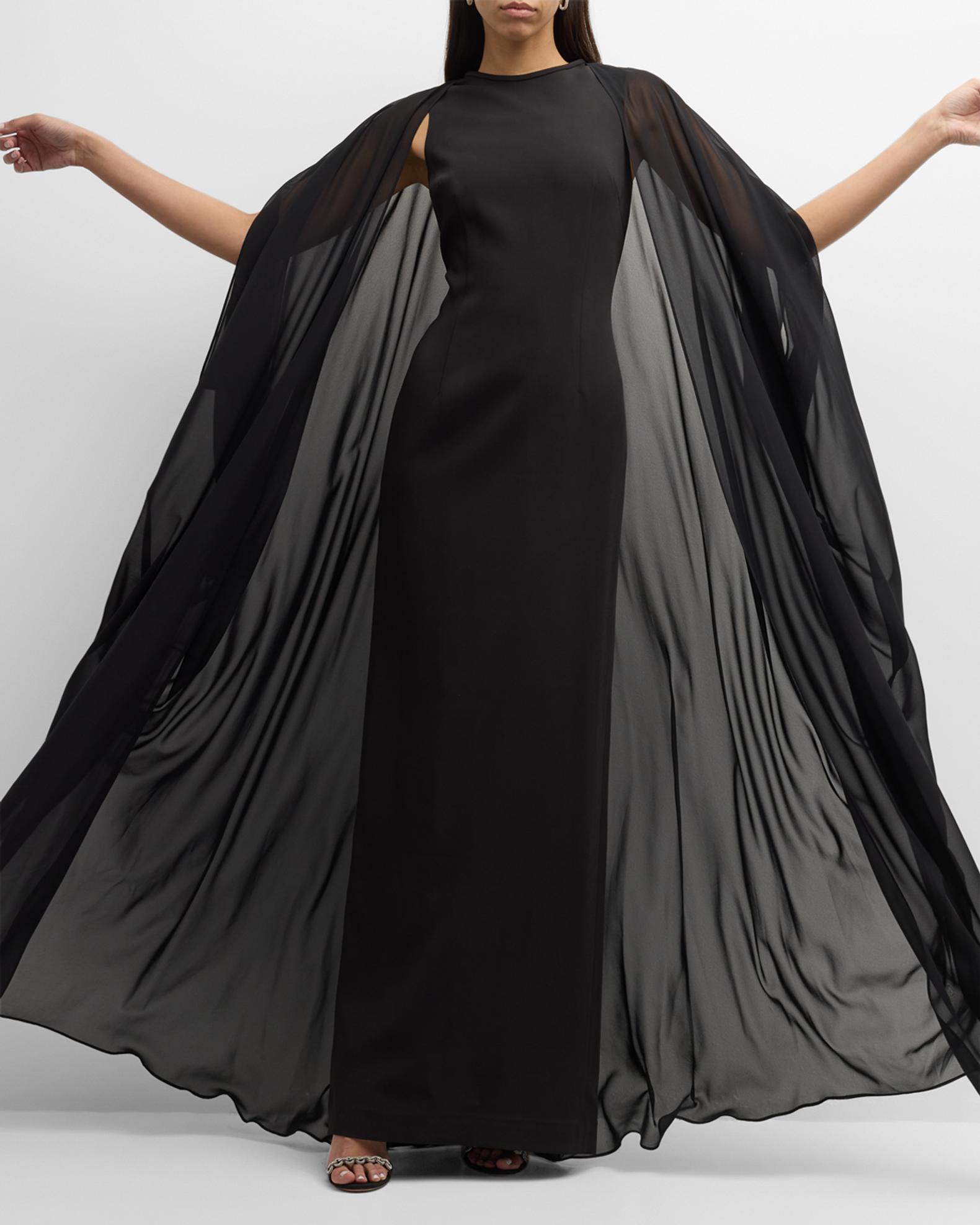 Rickie Freeman for Teri Jon Sleeveless Crepe & Chiffon Cape Column Gown ...