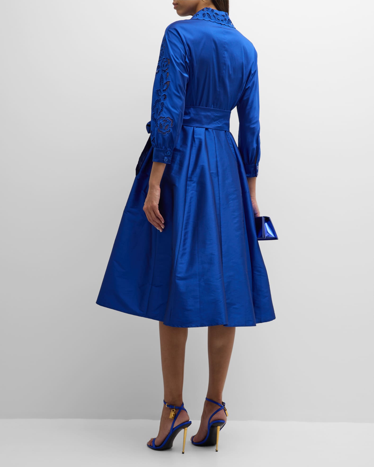 Rickie Freeman for Teri Jon Lace Inset Belted Taffeta Midi