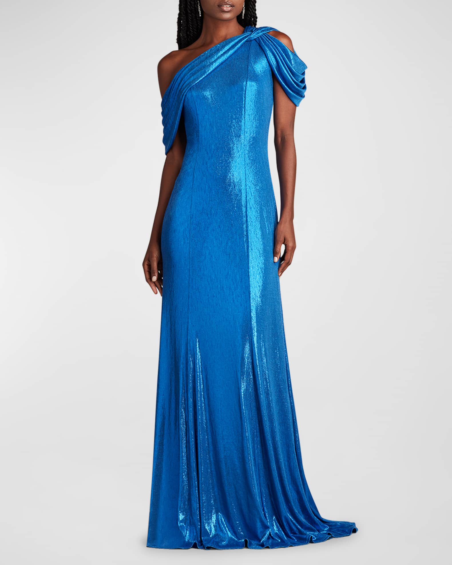 Tadashi Shoji Draped One-Shoulder Metallic Jersey Gown | Neiman Marcus