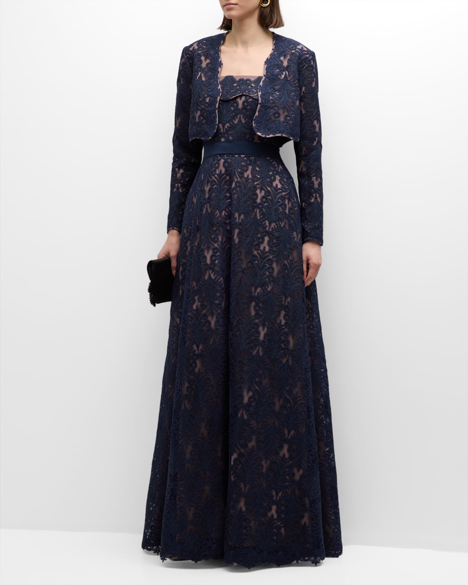 Corded embroidered lace top gown tadashi shoji