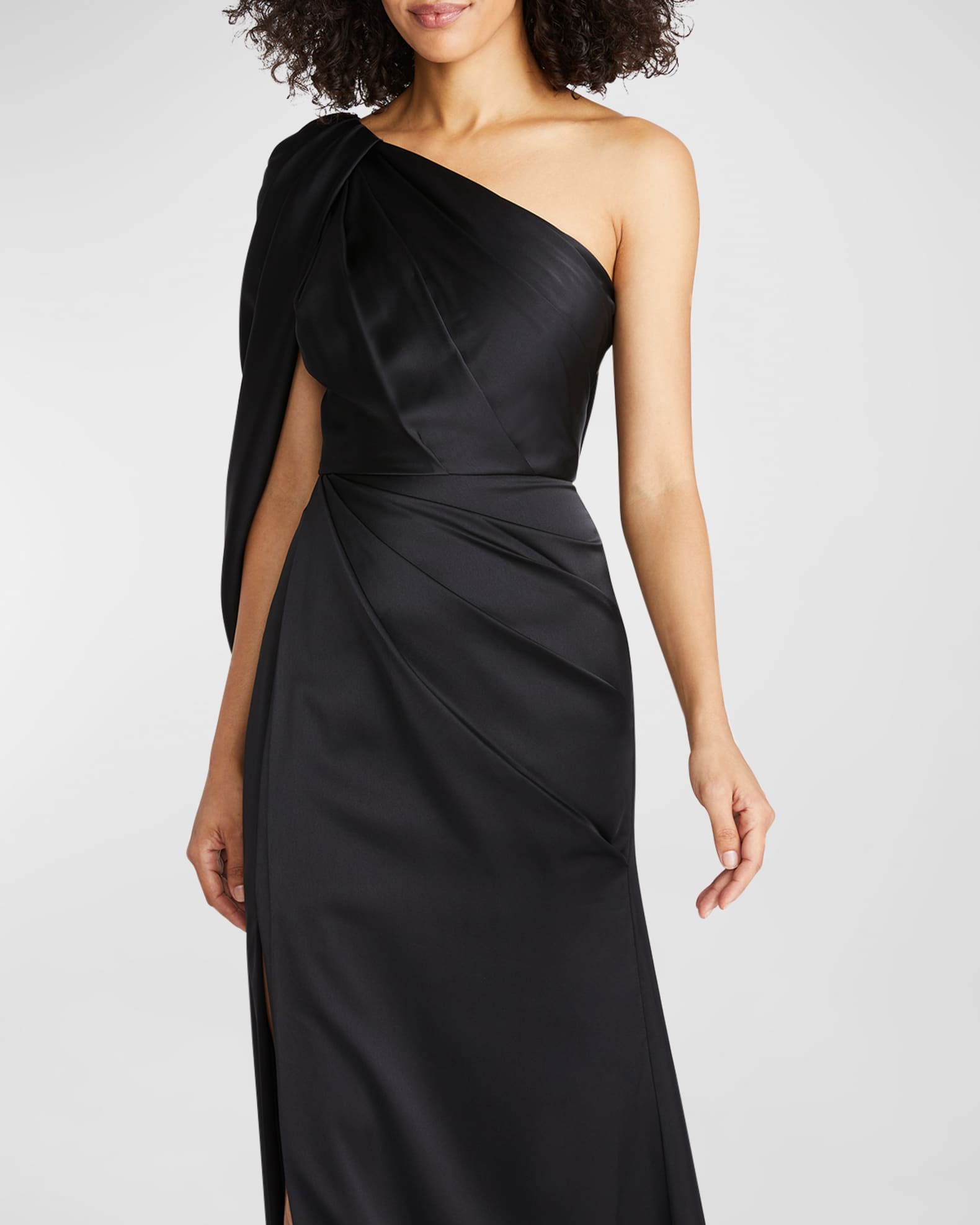 Theia Tori Pleated One-Shoulder Draped Gown | Neiman Marcus