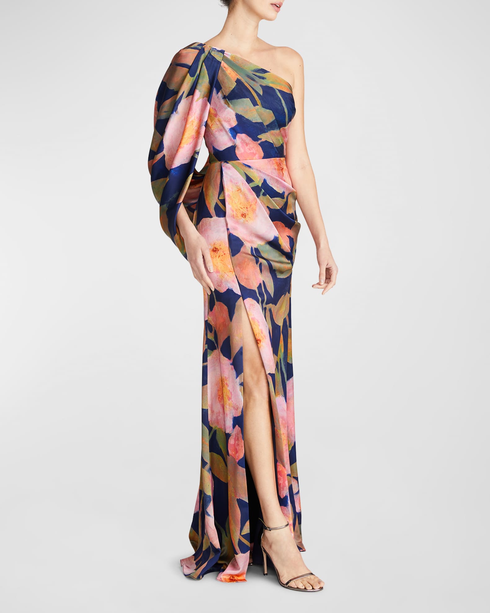Theia Abby Draped Floral-Print One-Shoulder Gown | Neiman Marcus