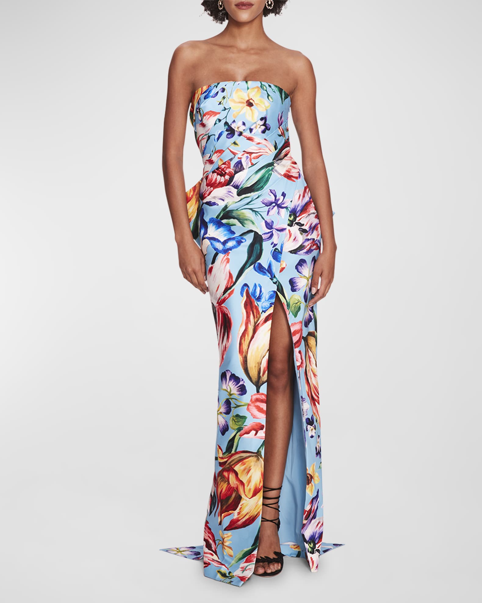 Marchesa Notte Strapless Pleated Floral-Print Bow-Back Gown | Neiman Marcus