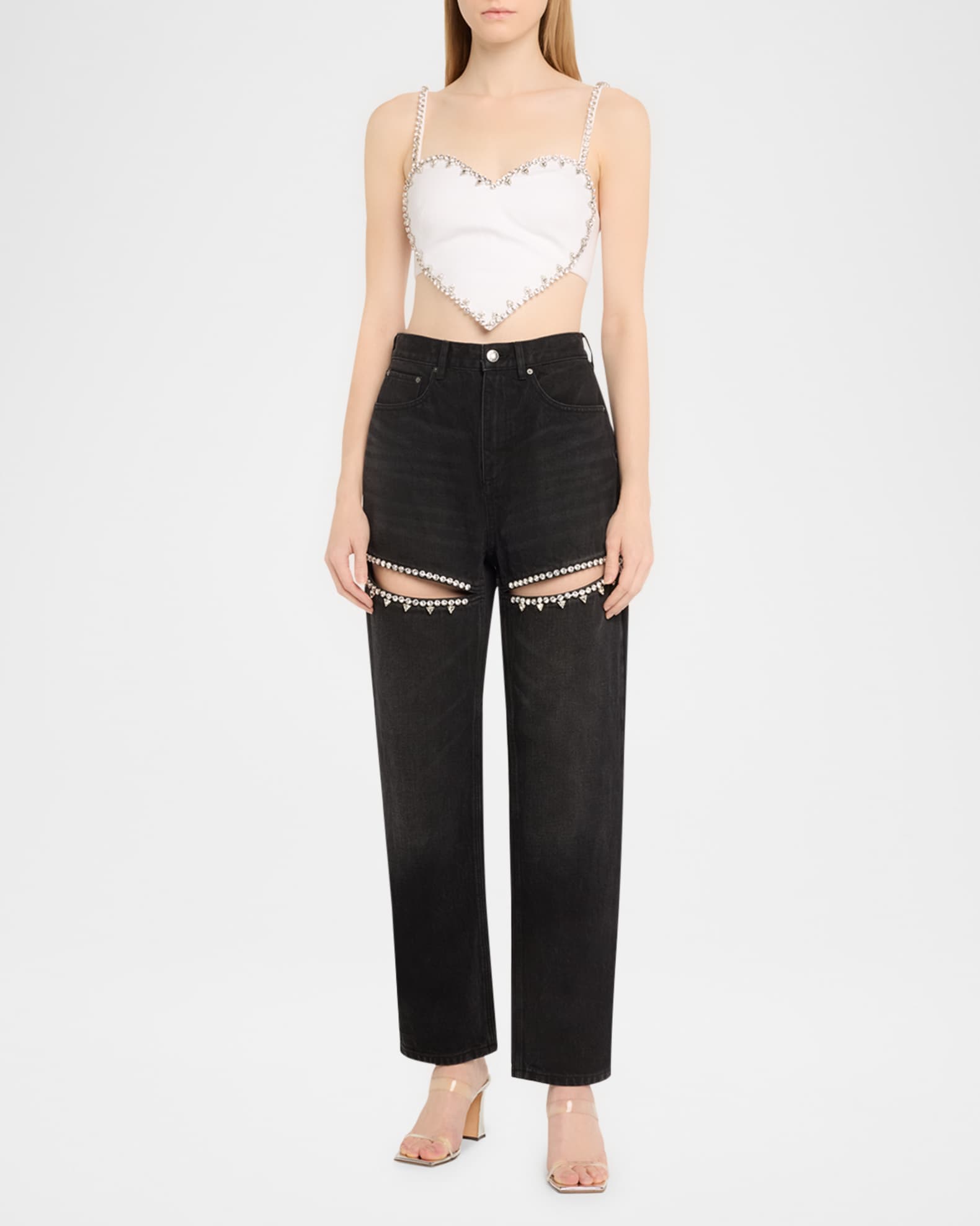 AREA Crystal Cutout Slit Straight Leg Jeans | Neiman Marcus