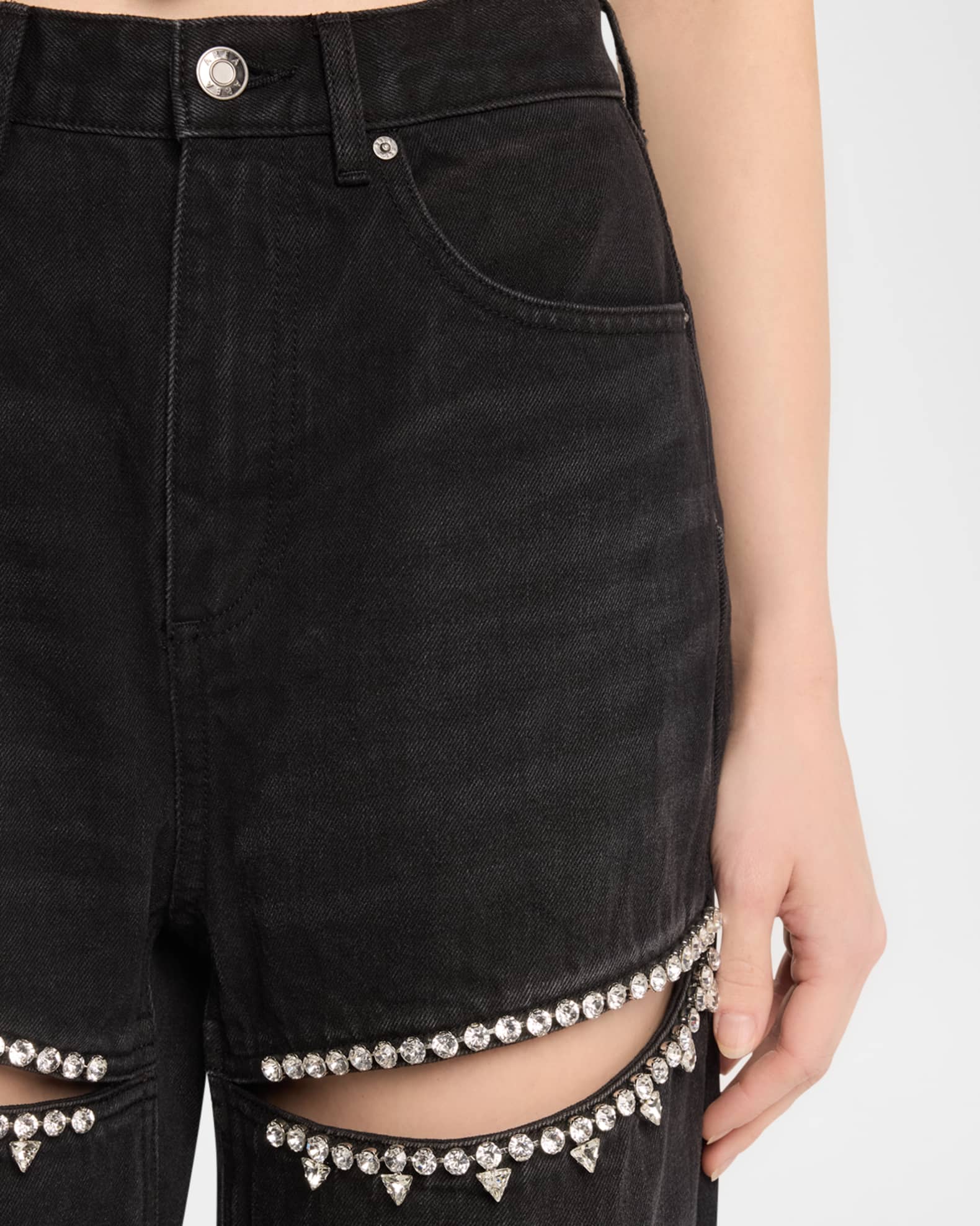 AREA Crystal Cutout Slit Straight Leg Jeans | Neiman Marcus