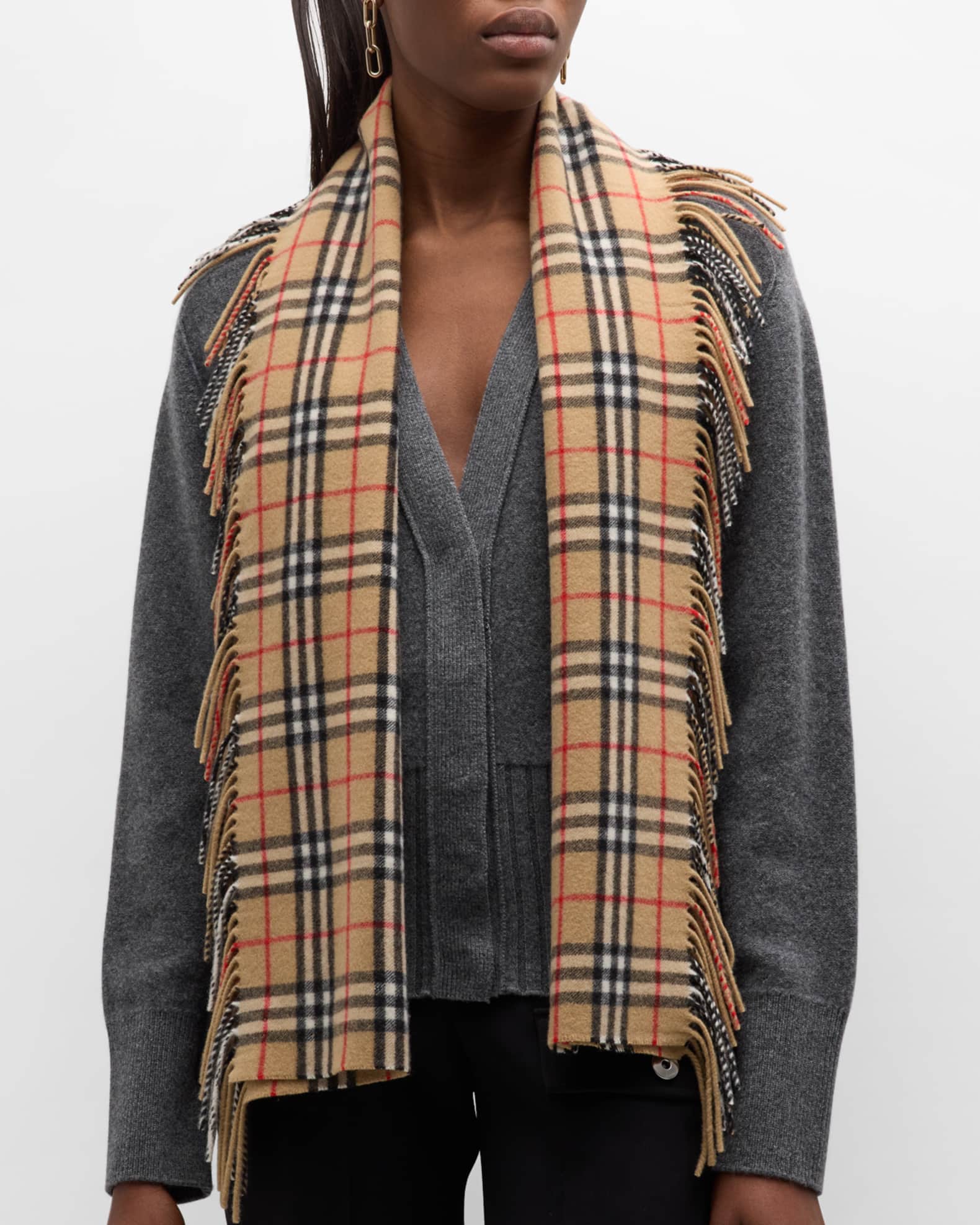 Burberry Vintage Check Fringe Cashmere Scarf Neiman Marcus