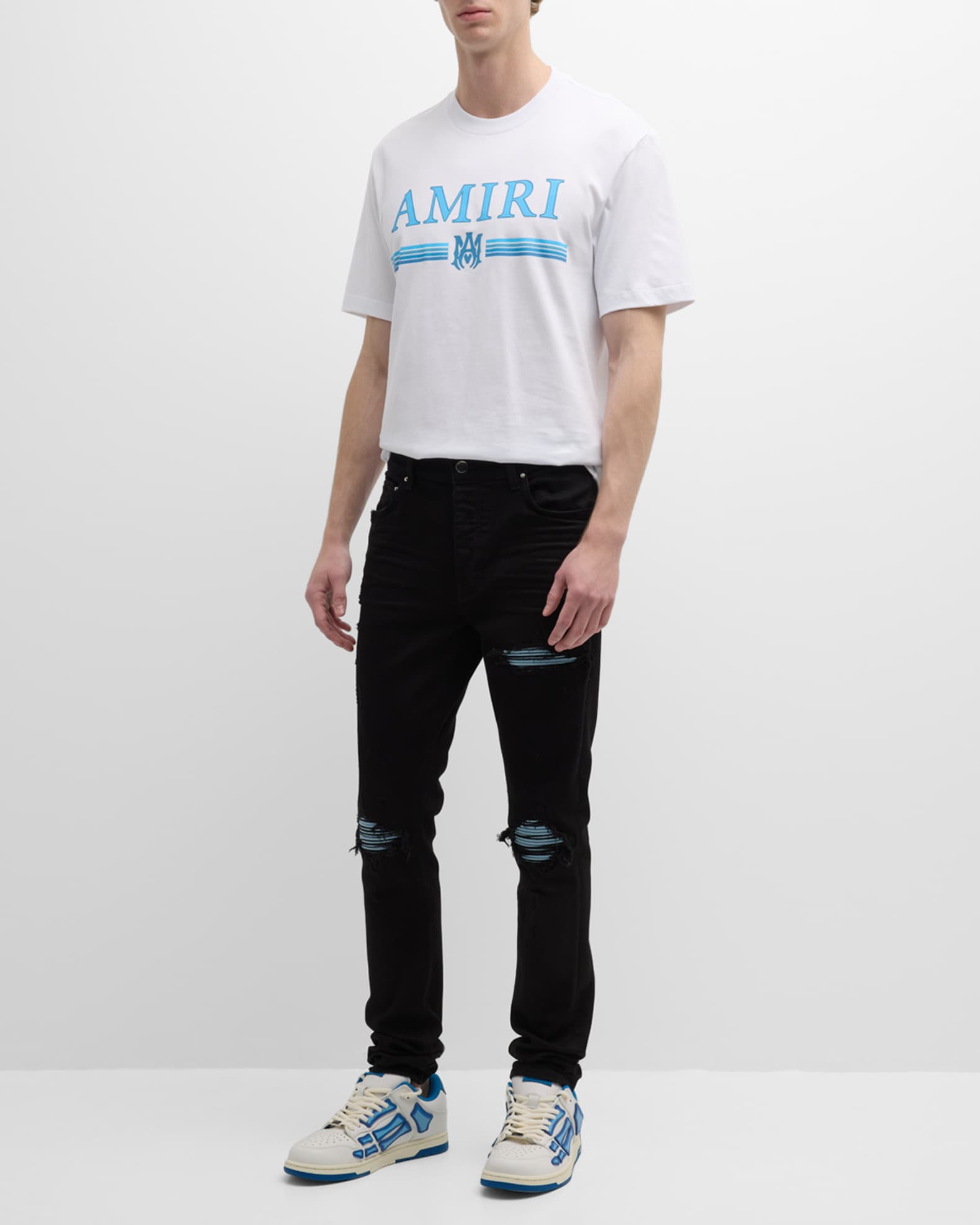 Amiri Men's MX1 Suede-Patch Skinny Jeans | Neiman Marcus