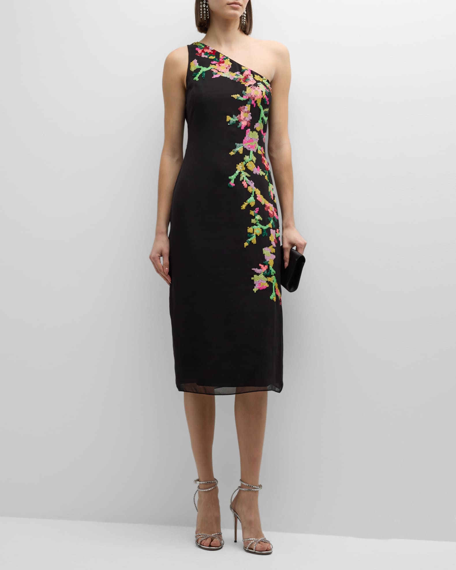 Liv Foster One-Shoulder Floral Sequin Midi Dress | Neiman Marcus