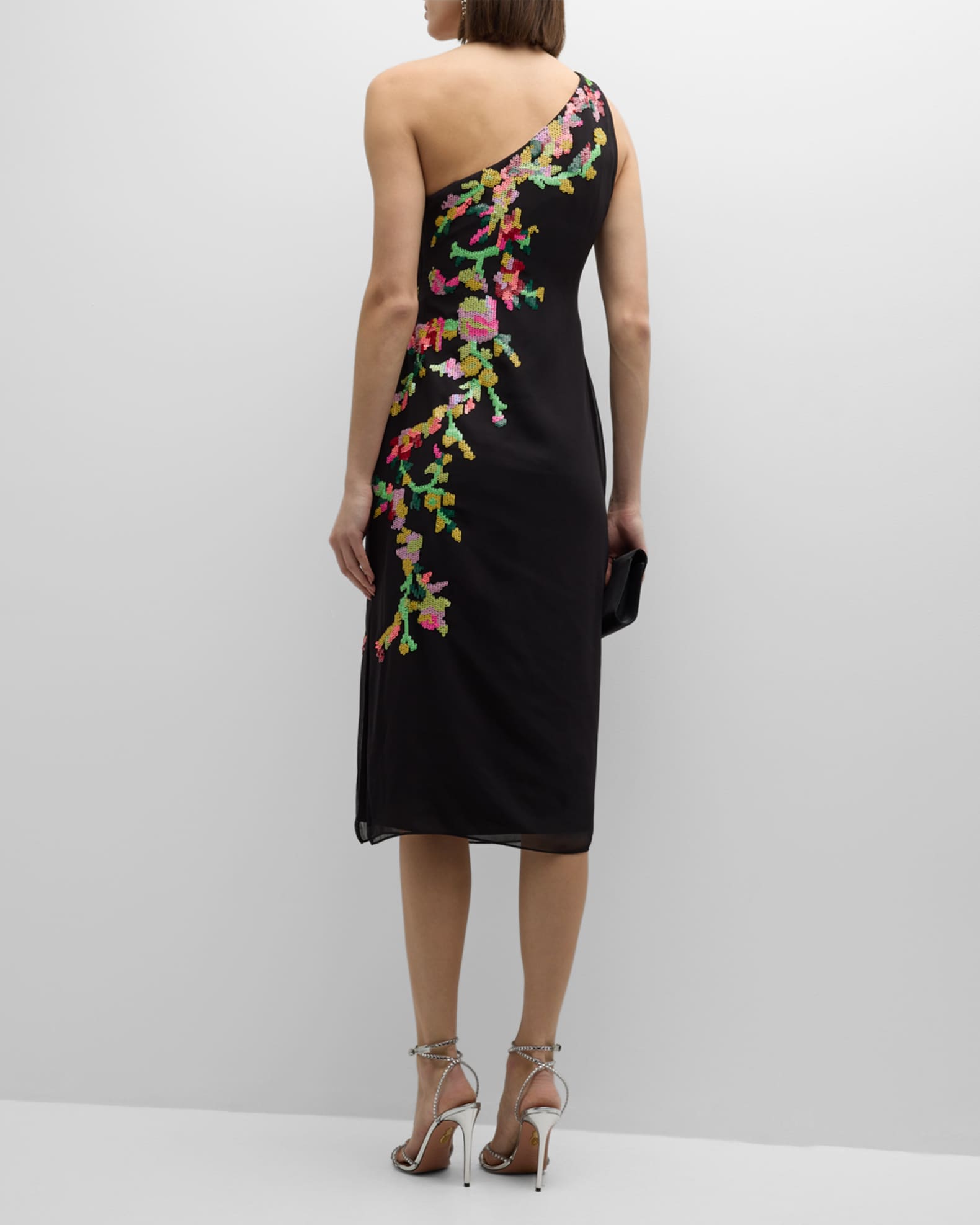 Liv Foster One-Shoulder Floral Sequin Midi Dress | Neiman Marcus
