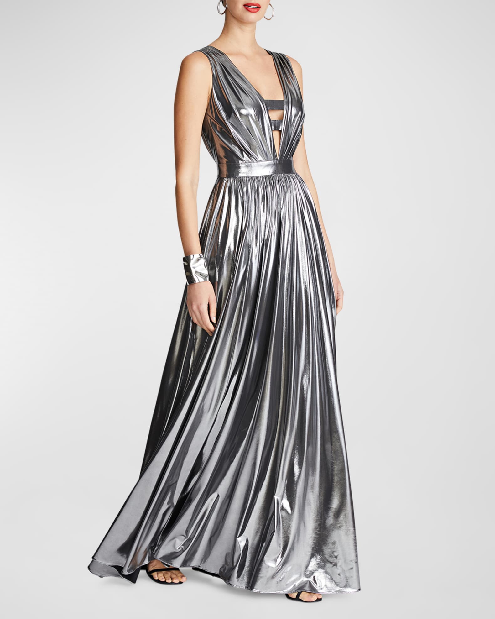 Halston Titania Sleeveless Cutout Foiled Jersey Gown