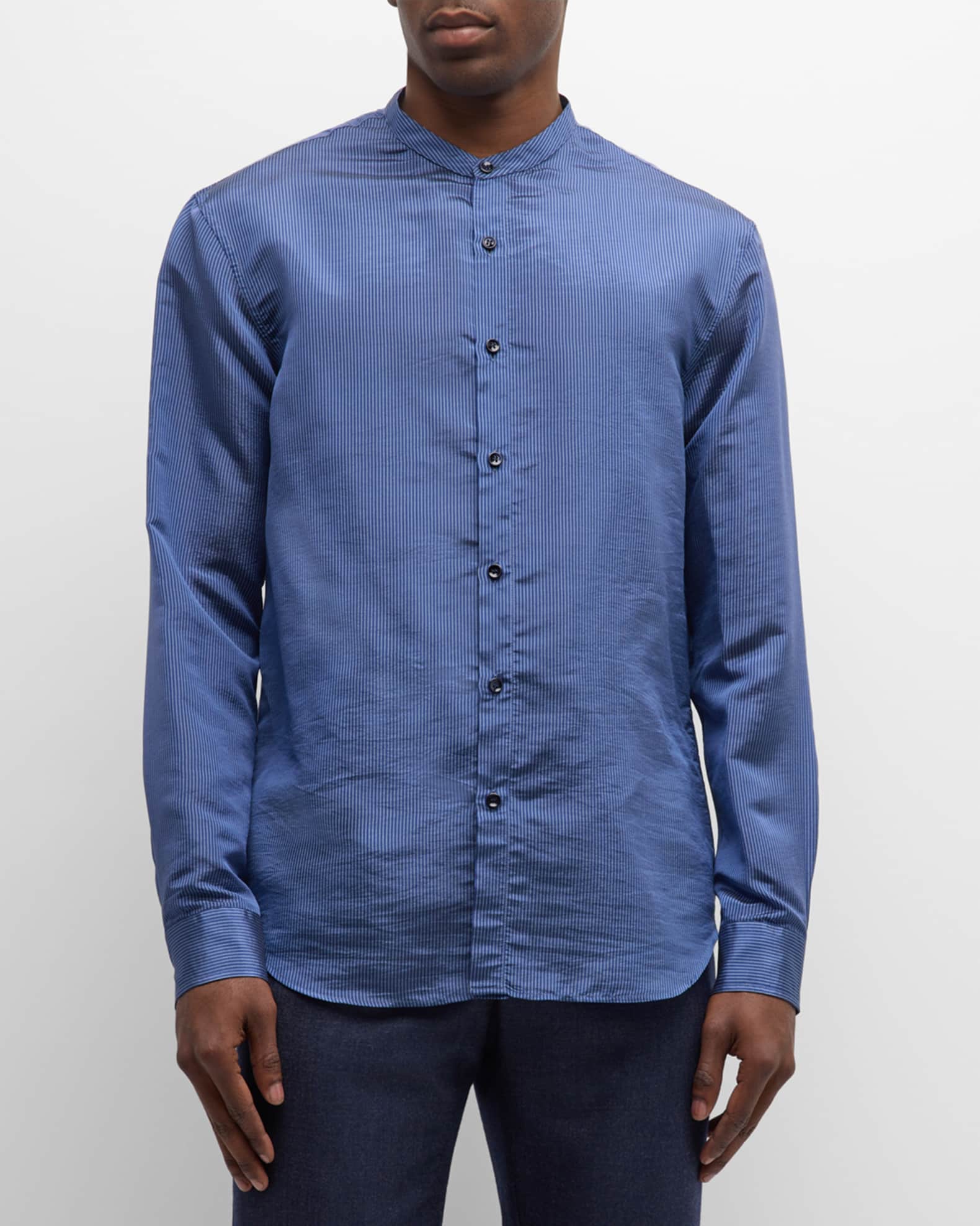 トップス GIORGIO ARMANI PIPING BAND COLLAR SHIRT Giorgio Armani Men's Striped Band-Collar Sport Shirt