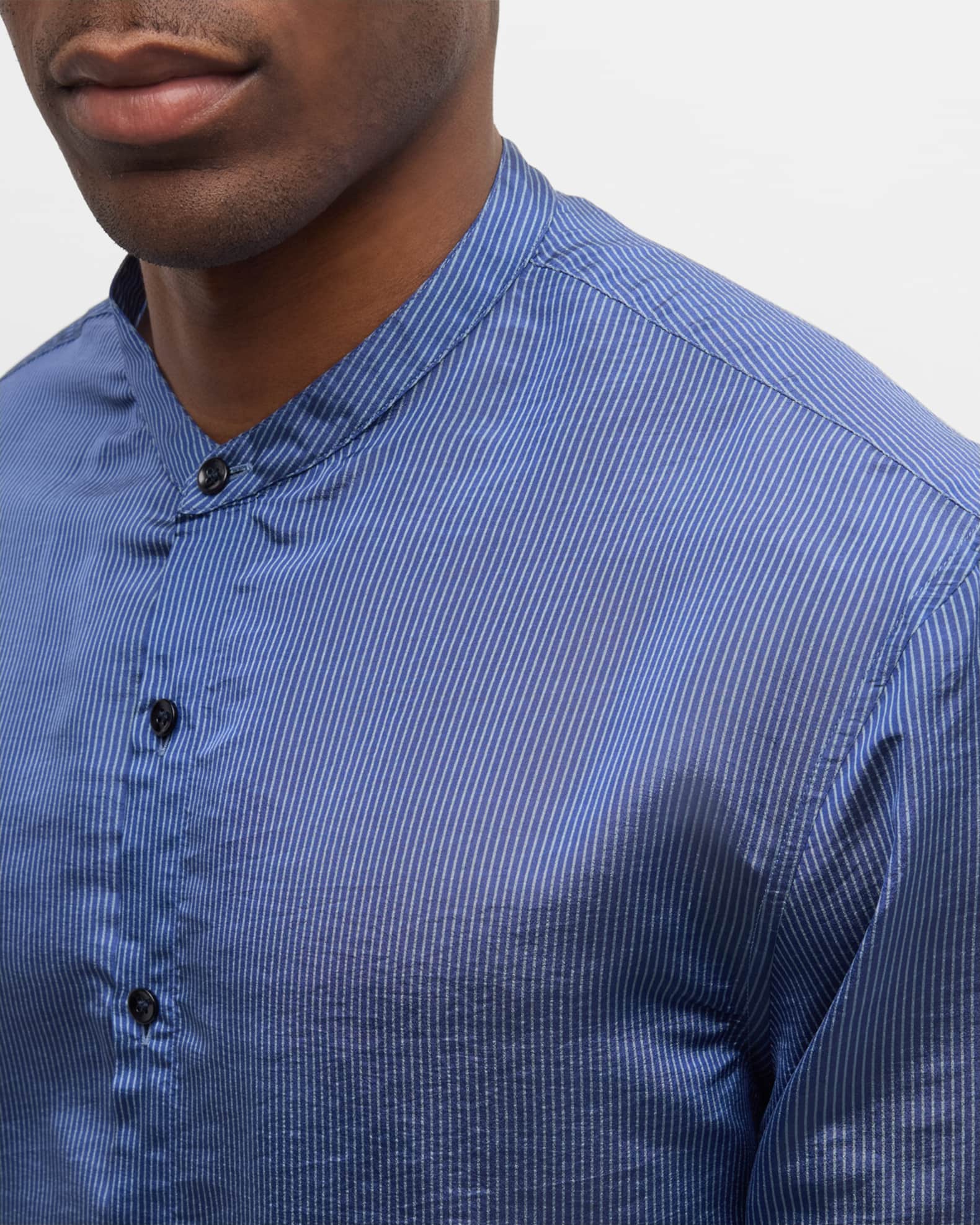 トップス GIORGIO ARMANI PIPING BAND COLLAR SHIRT Giorgio Armani Men's Striped Band-Collar Sport Shirt