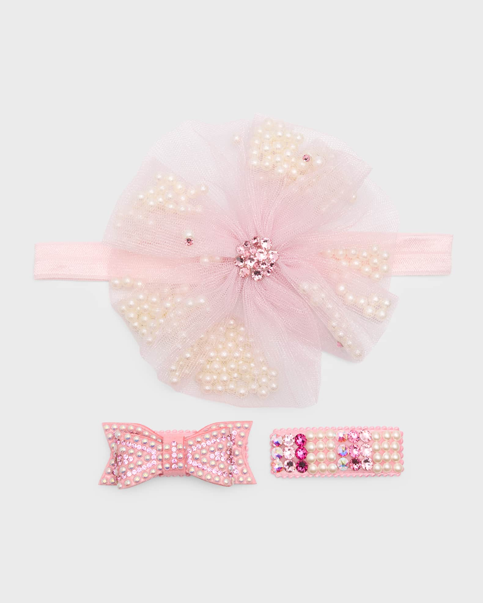Bari Lynn Girl's 3-Piece Embellished Tulle Headband and Clip Set