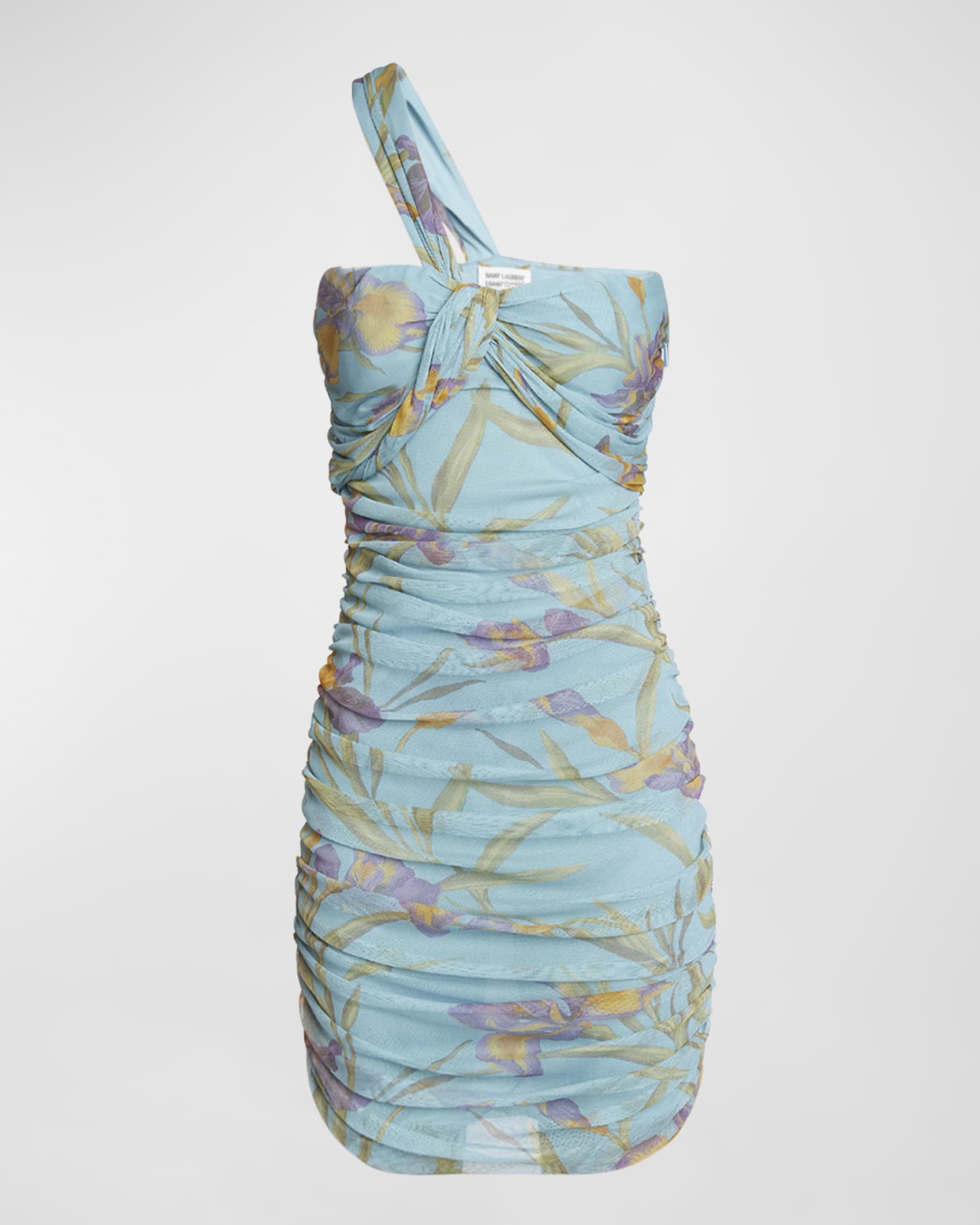 Saint Laurent Floral Ruched Twisted One-Shoulder Mini Dress