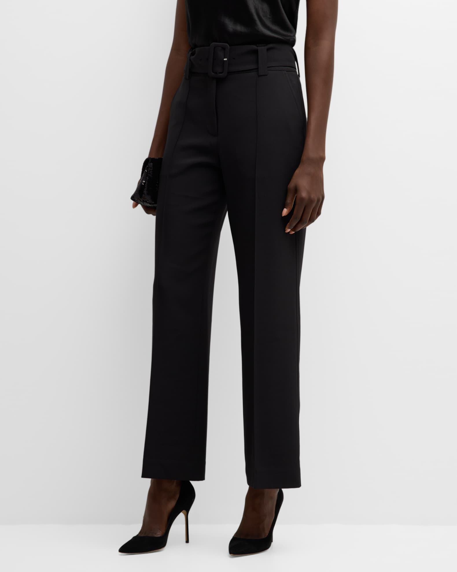 Elie Tahari The Baylor Belted High-Rise Straight-Leg Pants | Neiman Marcus