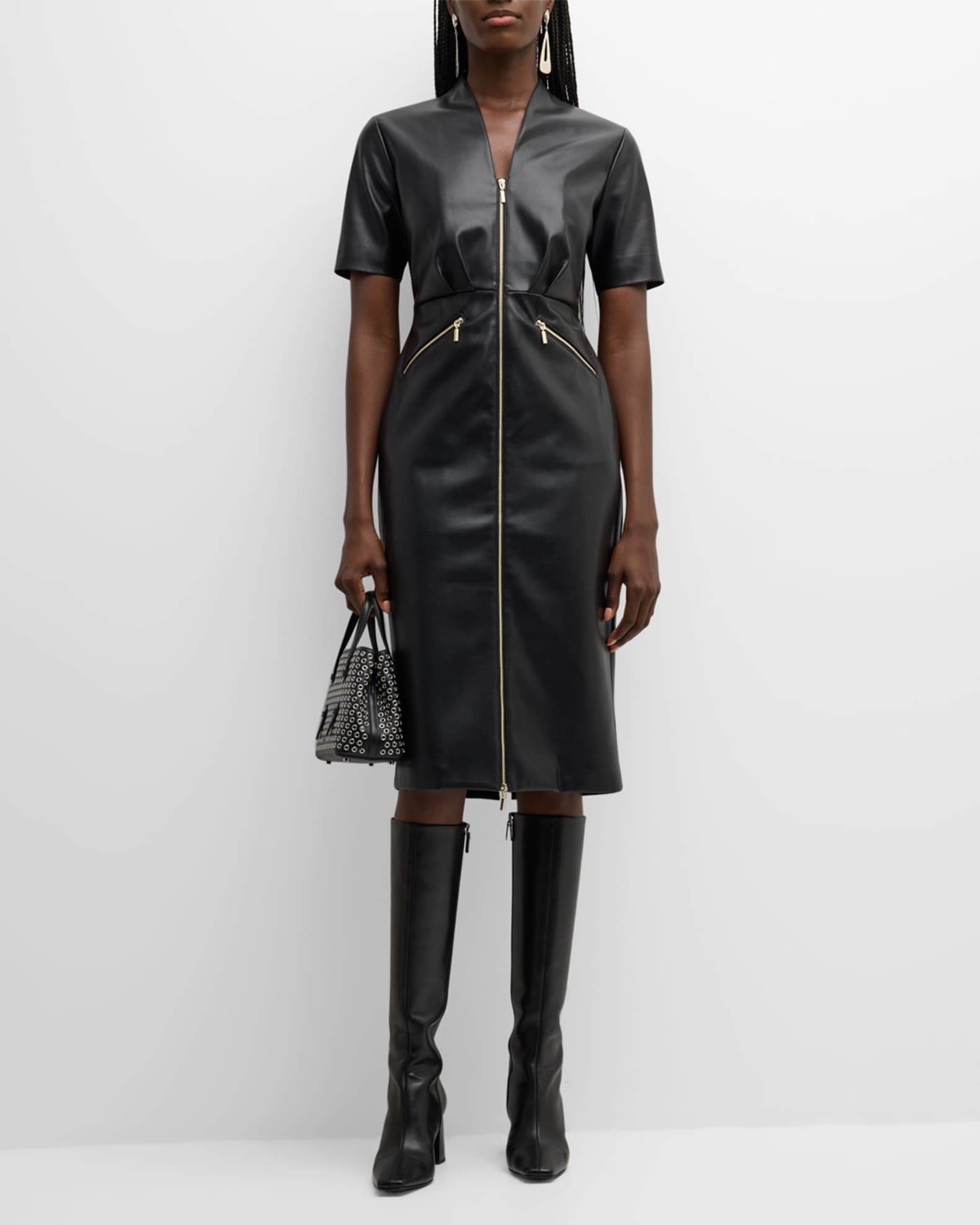 Elie Tahari The Adair Pleated Faux Leather Midi Dress | Neiman Marcus