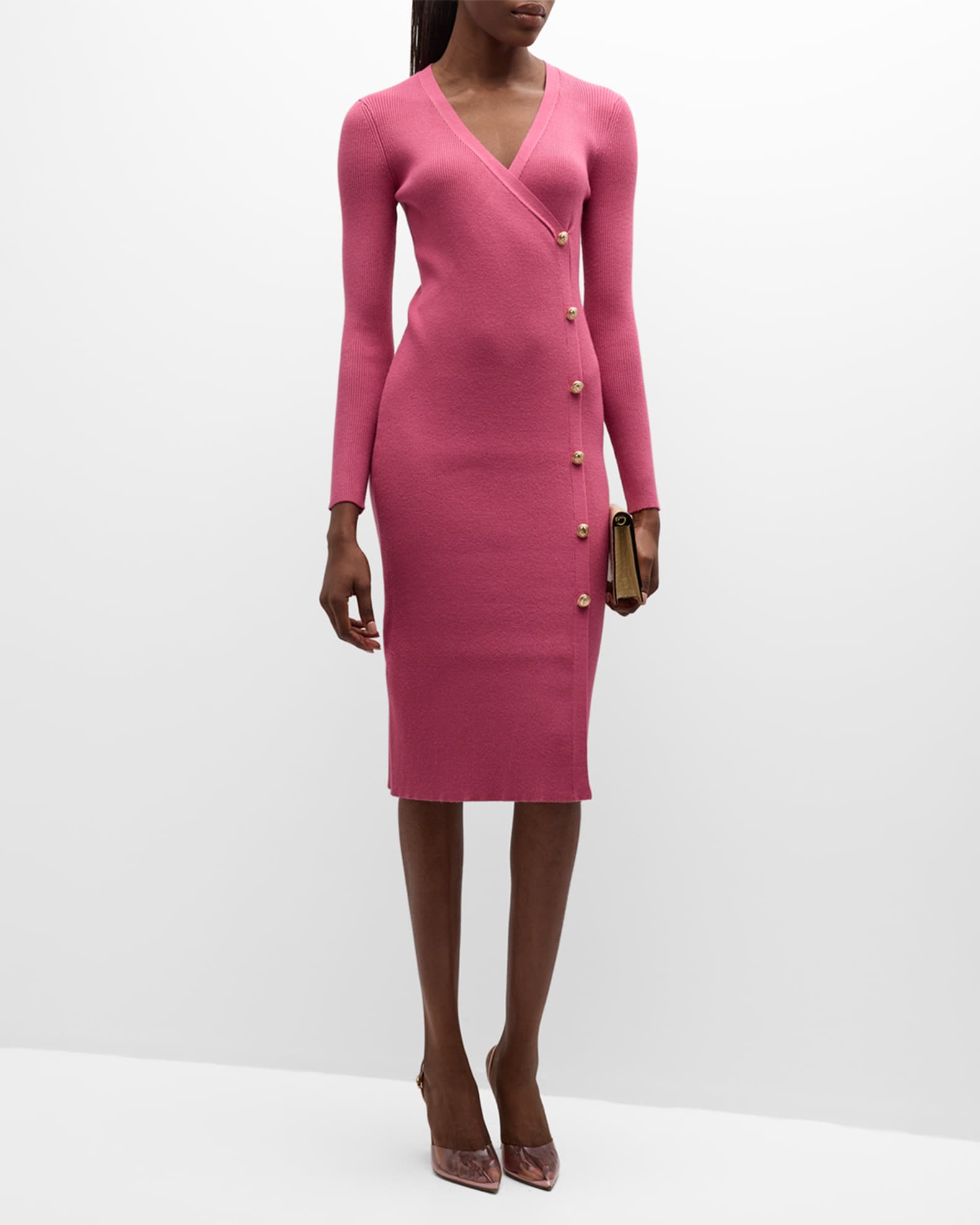 Elie Tahari The Casey Button-Down Ribbed Bodycon Midi Dress | Neiman Marcus