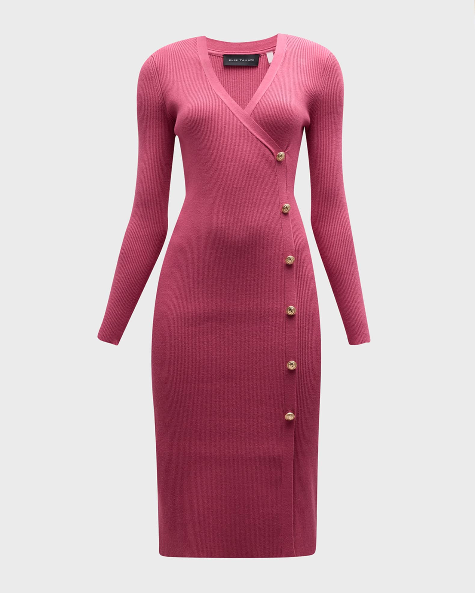 Elie Tahari The Casey Button-Down Ribbed Bodycon Midi Dress | Neiman Marcus