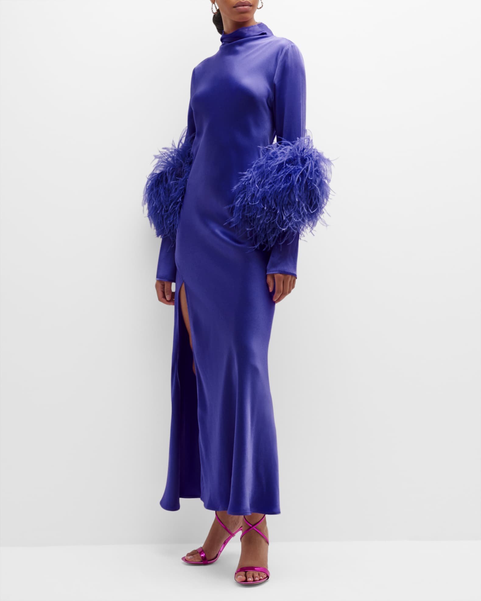 LAPOINTE Feather Trim Mock Neck Long Sleeve Slit Satin Bias Gown Neiman Marcus