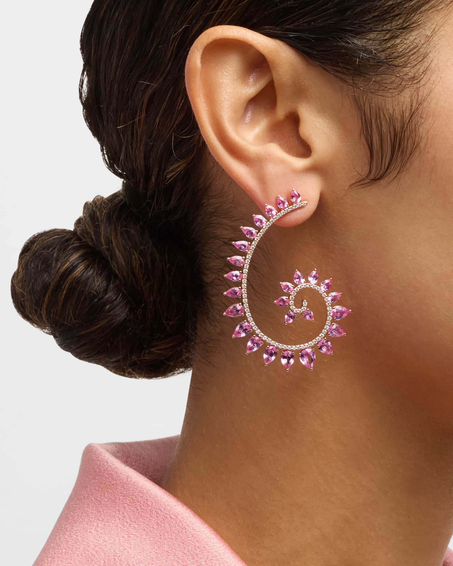 18k Yellow Gold Pink Sapphire and Diamond Spiral Earrings 1