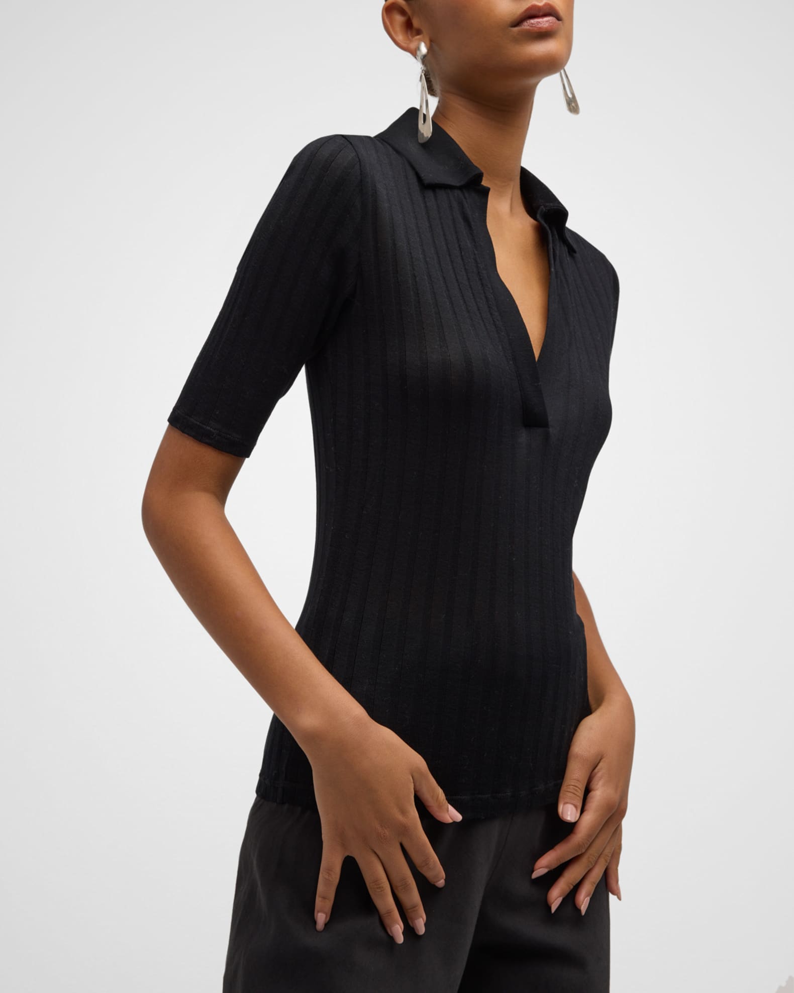 Vince Elbow Sleeve Silk Rib Polo Shirt Neiman Marcus