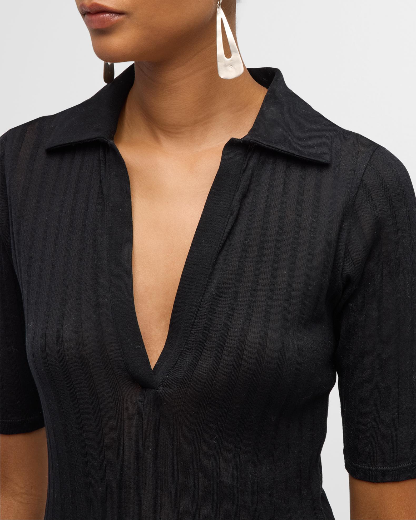 Vince Elbow-Sleeve Silk Rib Polo Shirt | Neiman Marcus