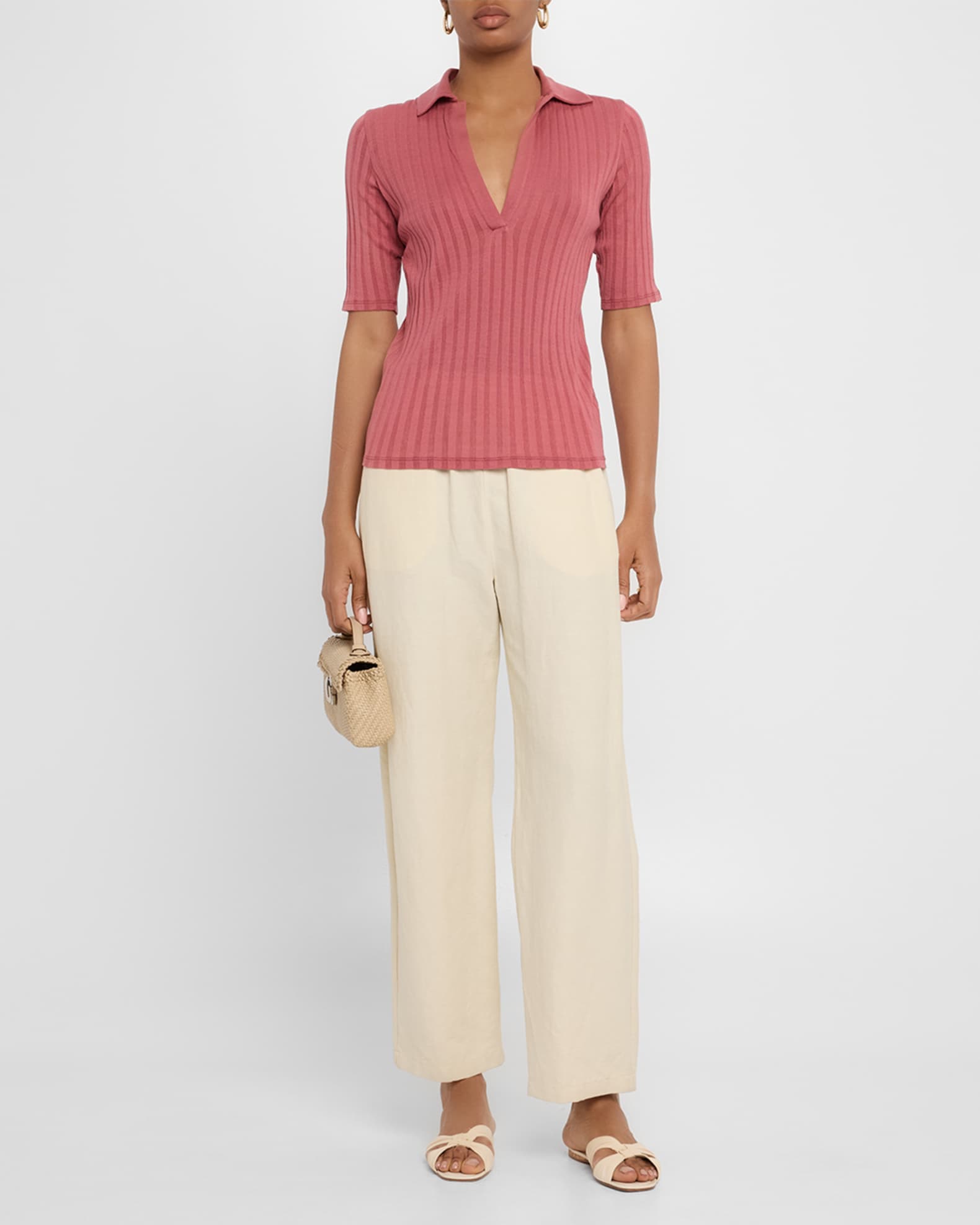 Elbow-Sleeve Silk Rib Polo Shirt 1