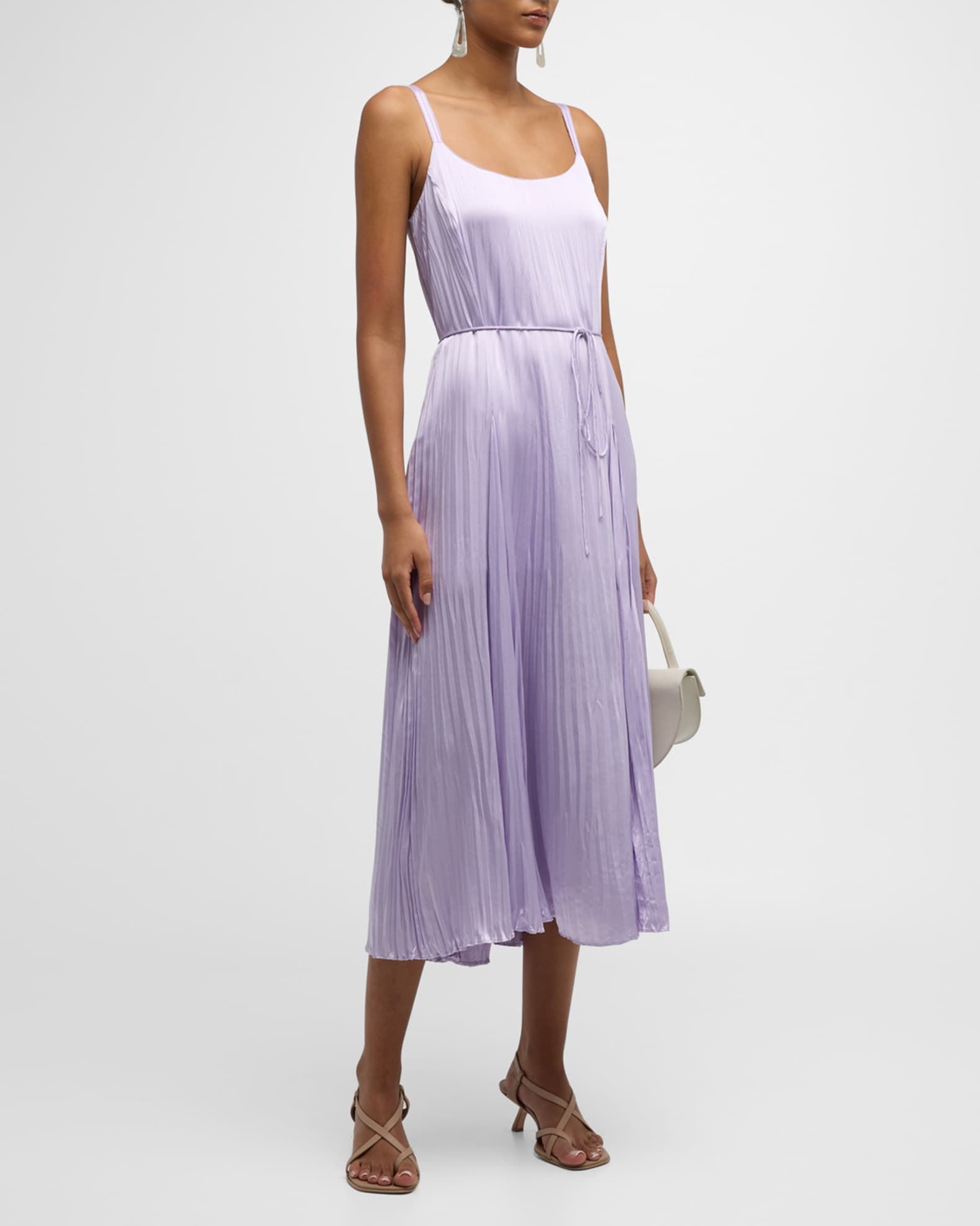 Pleated Crushed Satin Midi Slip Dress Neiman Marcus