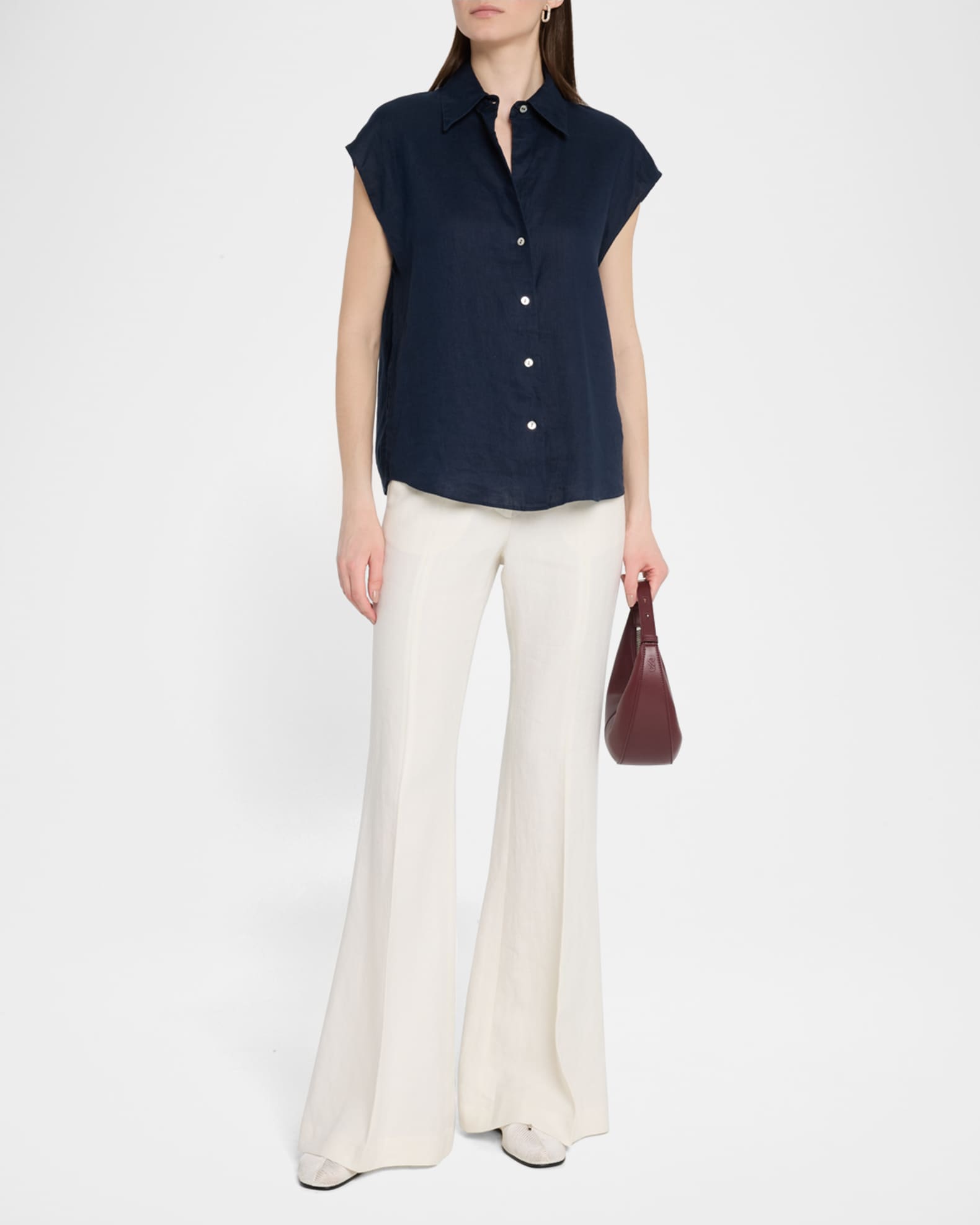 Cap-Sleeve Linen Button-Front Blouse 1