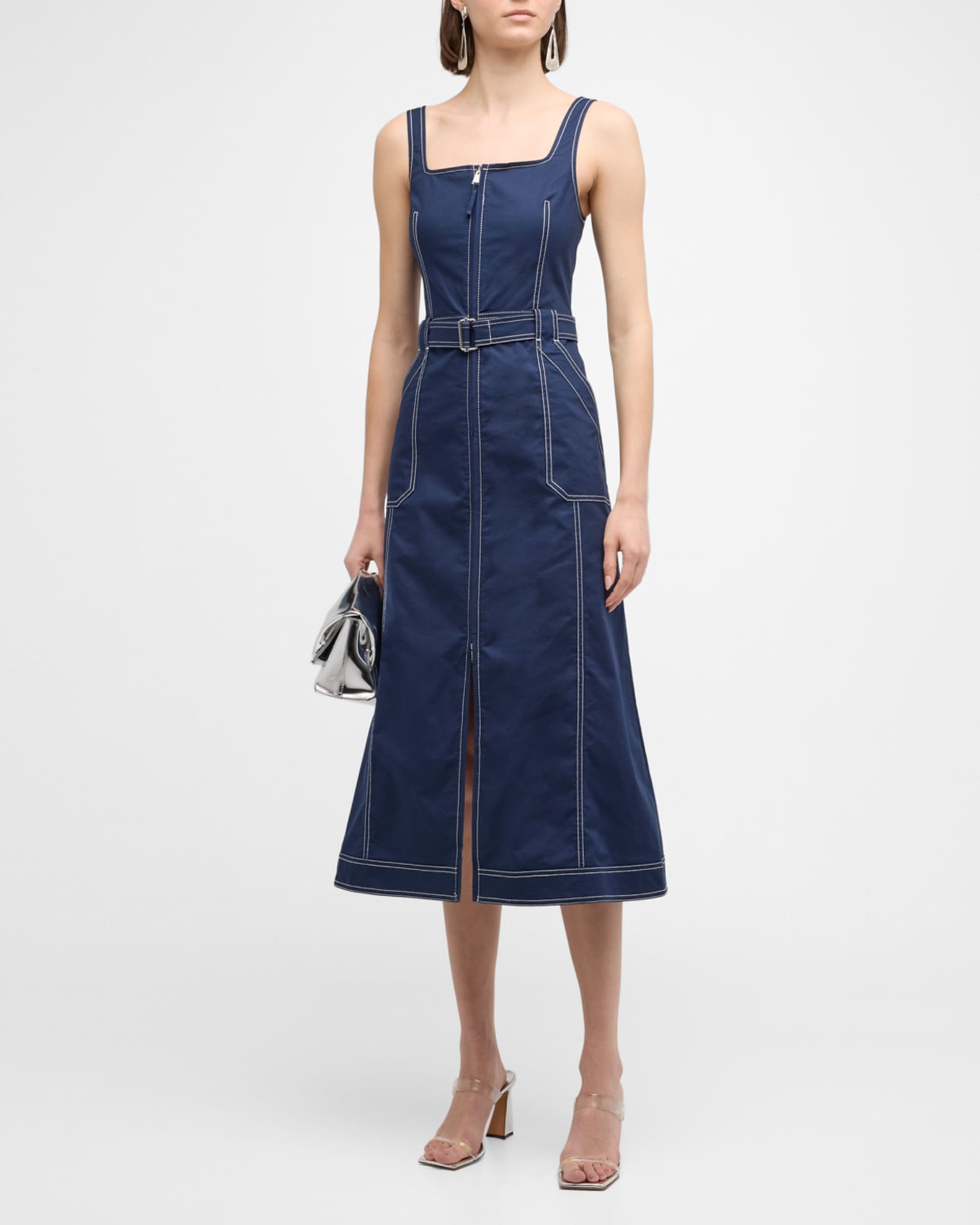 SIMKHAI Manson Sleeveless Belted Cotton Blend Midi Dress Neiman Marcus